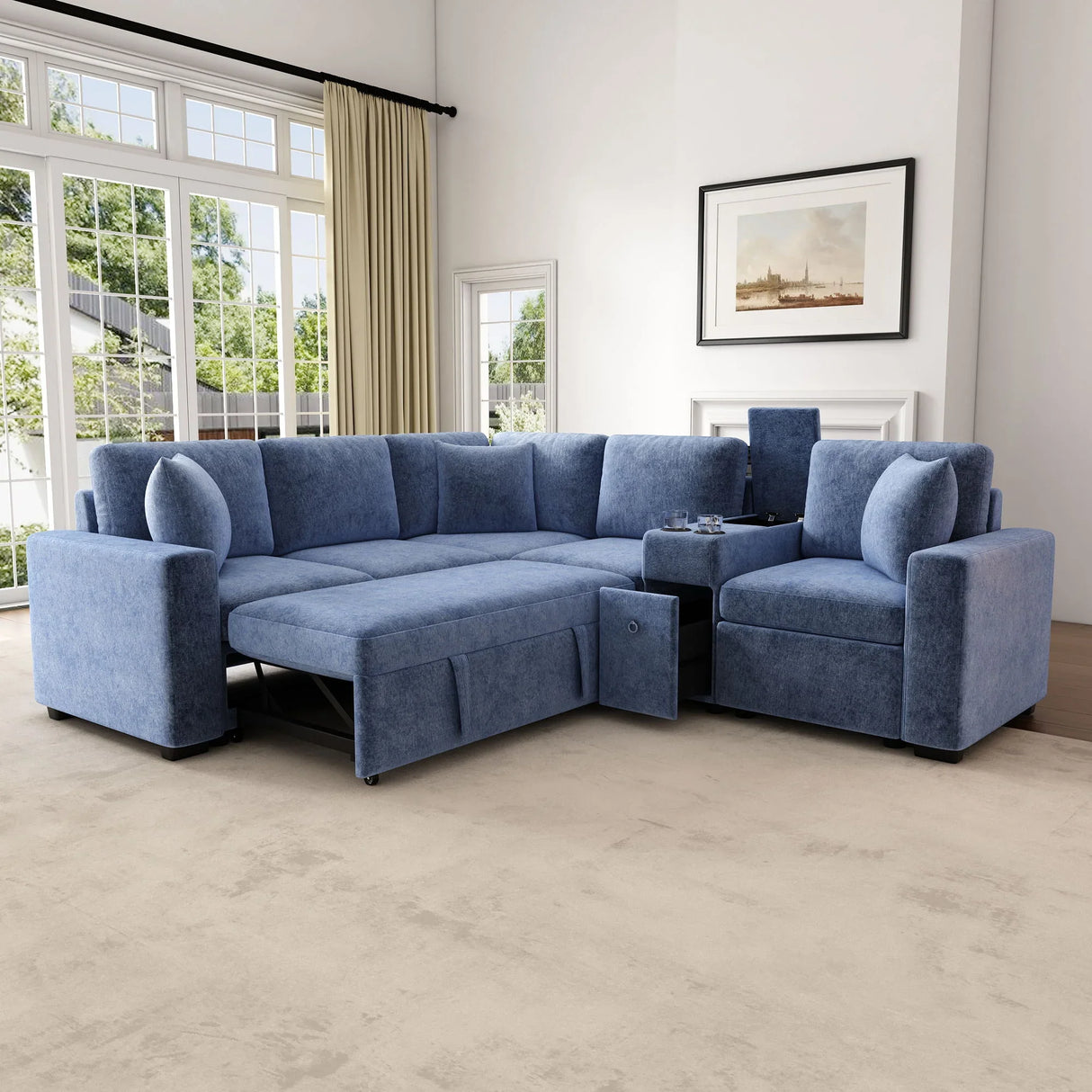 Contemporary L Shaped Convertible Sofa Bed With Pull Out Bed, Cup Holders, And Storage - Furniture Home Direct
