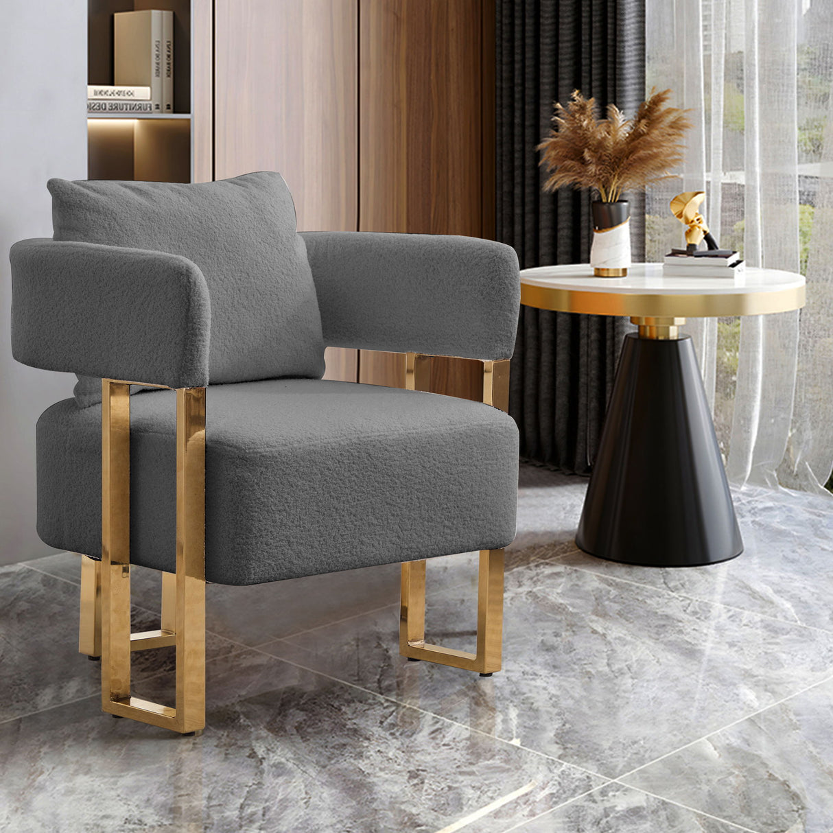Modern Decorative Chair Teddy Fleece Upholstered And Metal Foot