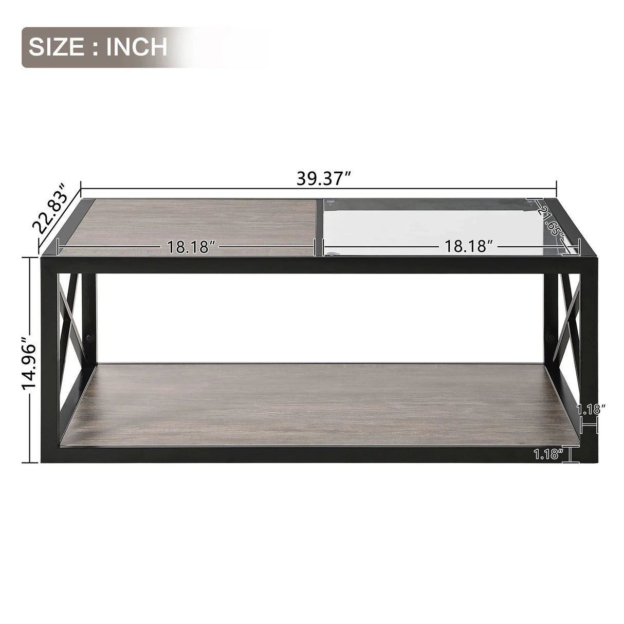 Industrial Style Coffee Table For Bedroom & Living Room With Tempered Glass & Wood Grain - Wood - Furniture Home Direct
