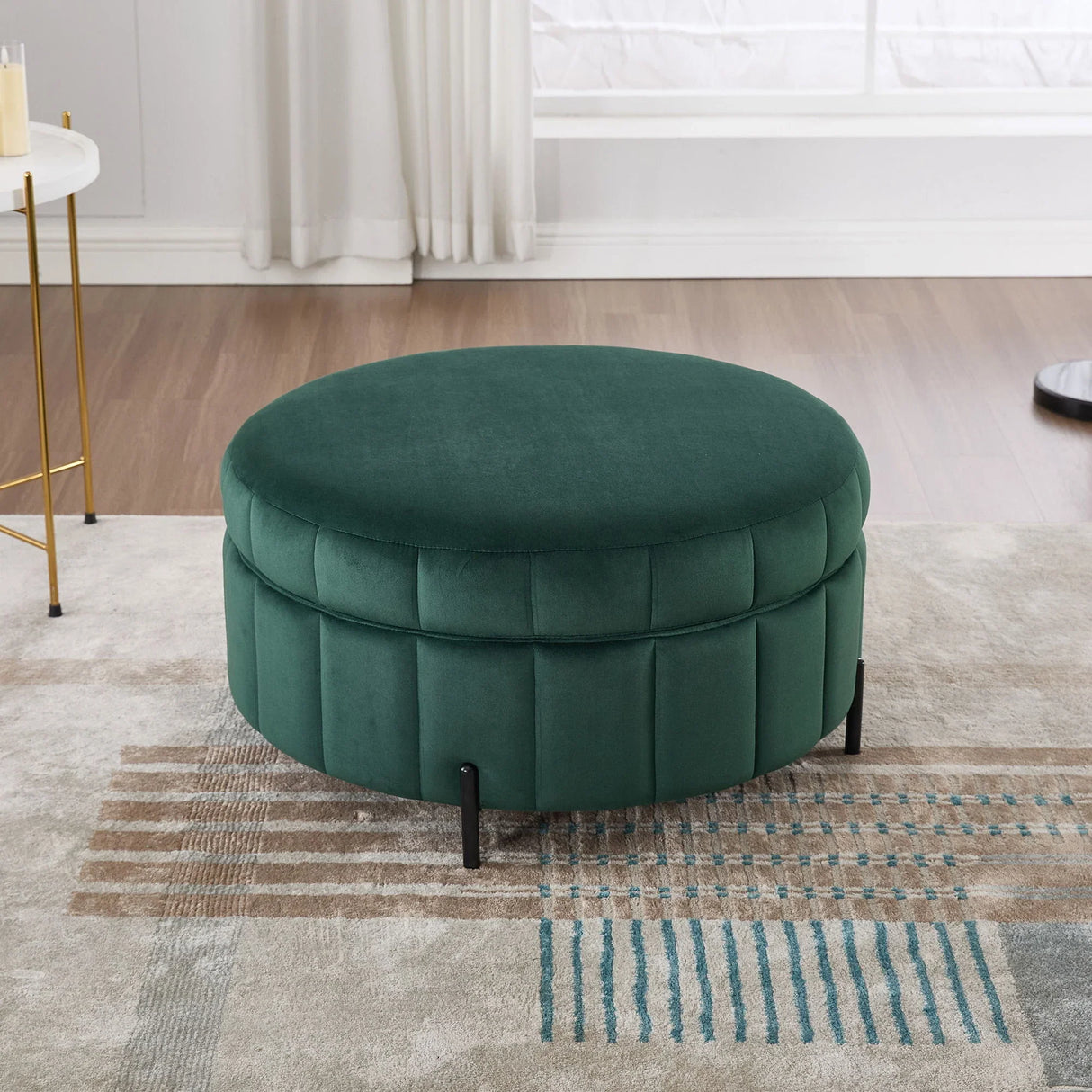 Upholstered Round Ottoman With Reversible Lid, Channel Tufted Pumpkin Shape - Furniture Home Direct