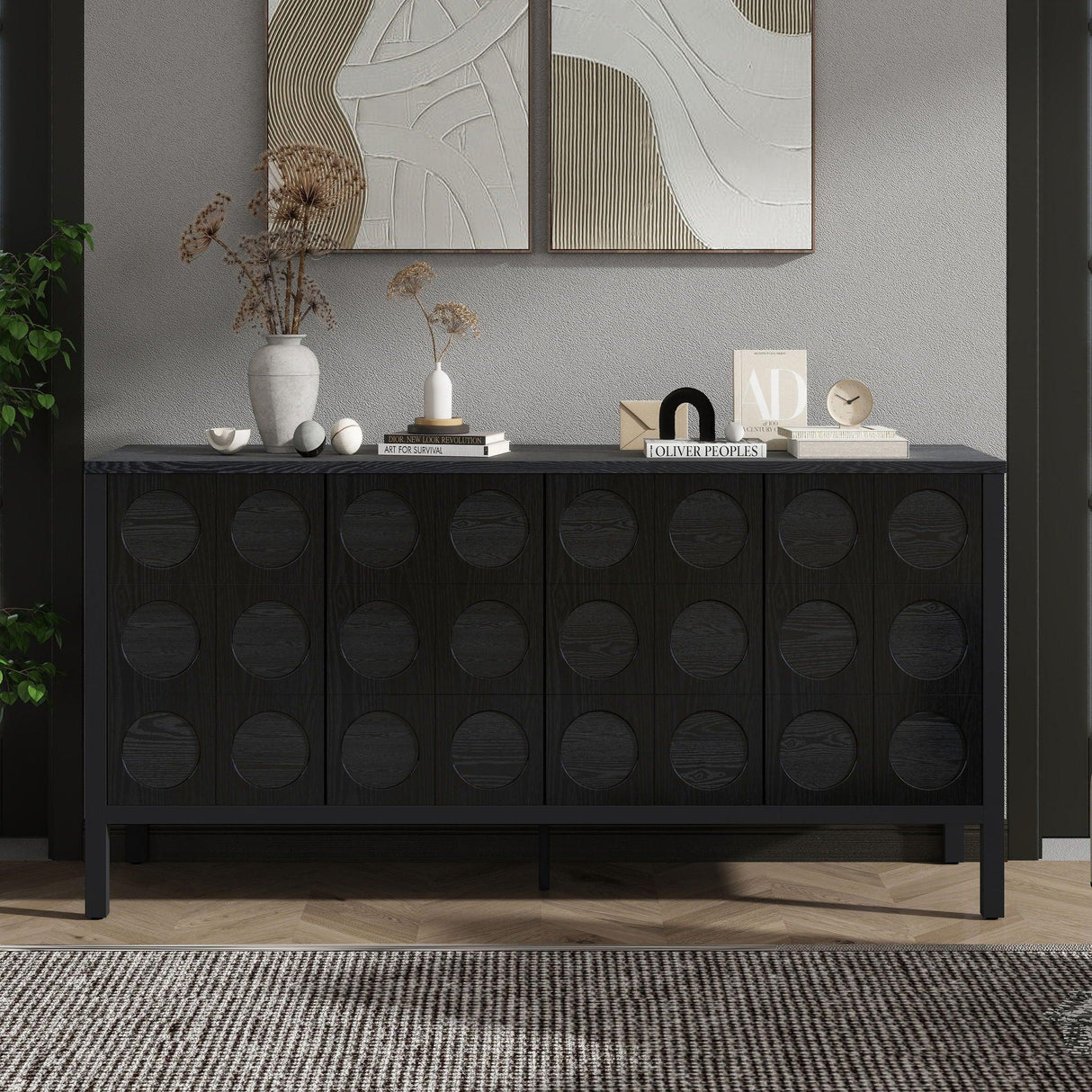 Stylish Storage Cabinet Sideboard With Unique Geometric Circle Door Design - Black - Furniture Home Direct