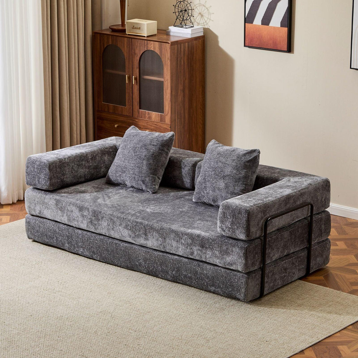 Convertible Floor Sofa Bed With Pillow Back Support Armrest - Furniture Home Direct