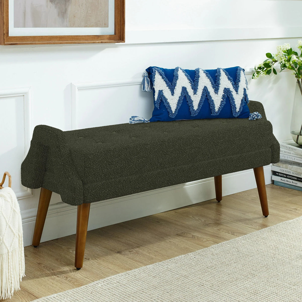 Modern Living Room Bench With Looped Yarn Fabric And Rubber Wooden Legs - Furniture Home Direct