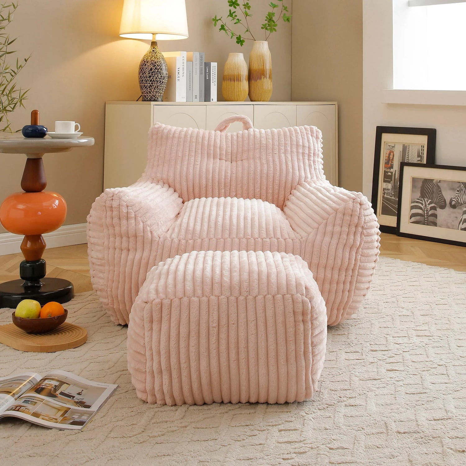 Giant Plush Bean Bag Chair With Armrests And Footstool - Furniture Home Direct