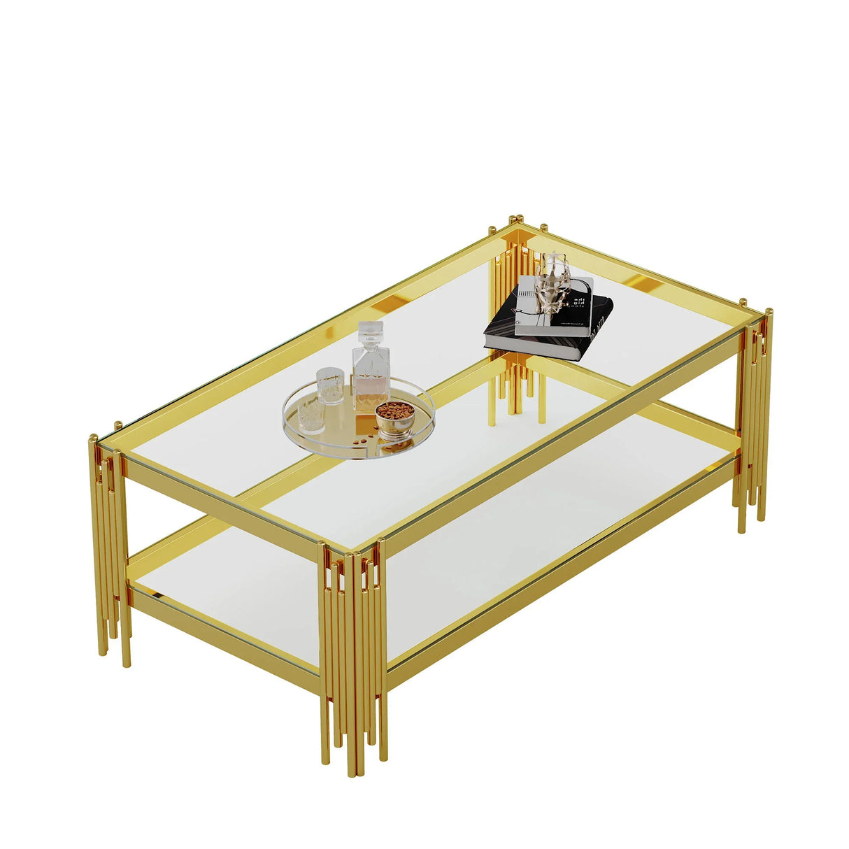 Top And Bottom Double Layer Tempered Glass Table And Mirror Finished Stainless Steel Frame - Furniture Home Direct