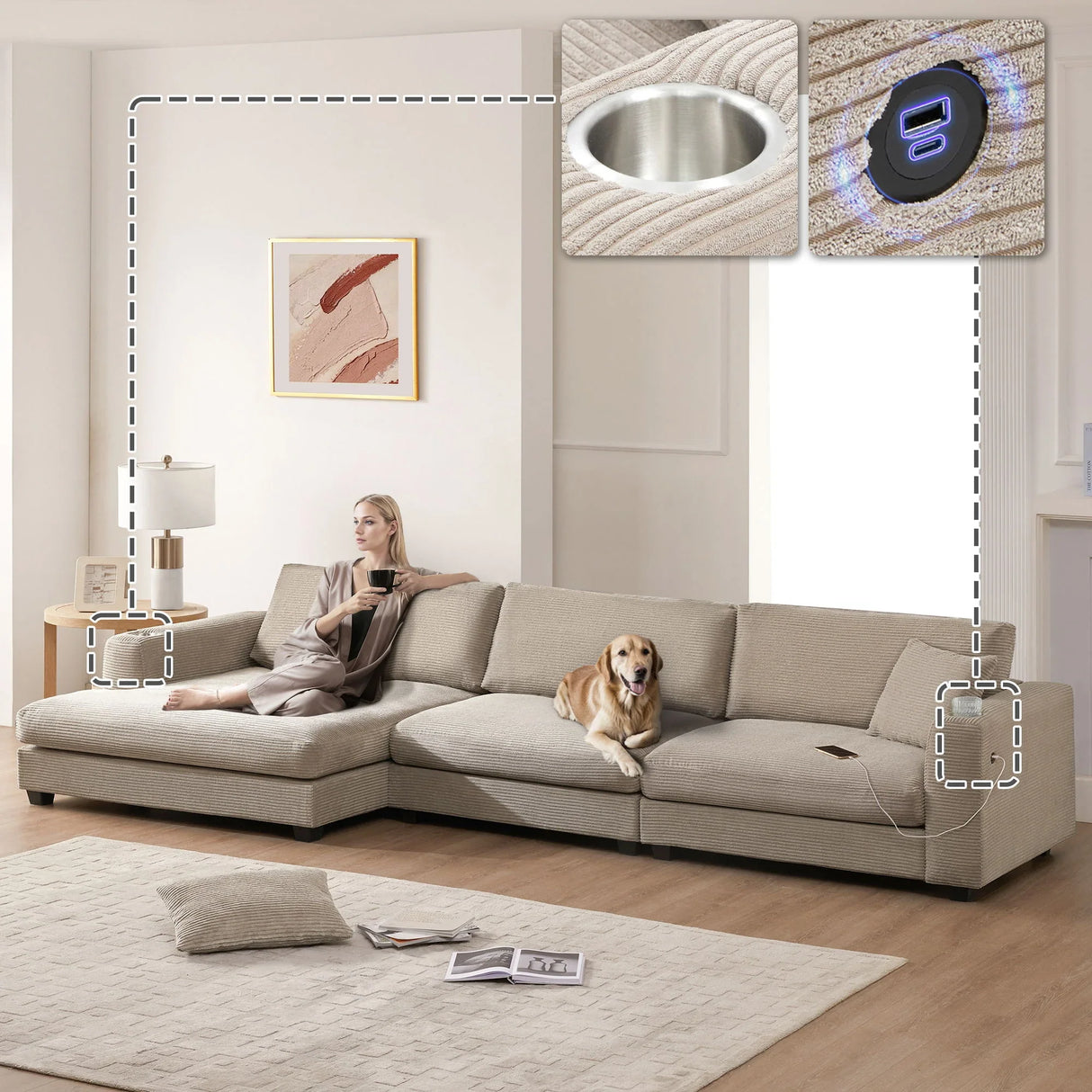 Oversized Sectional L Shaped Cloud Couch With USB Charging Port Cup Holder Deep And Wide Seat Sofa With Chaise Comfy - Furniture Home Direct