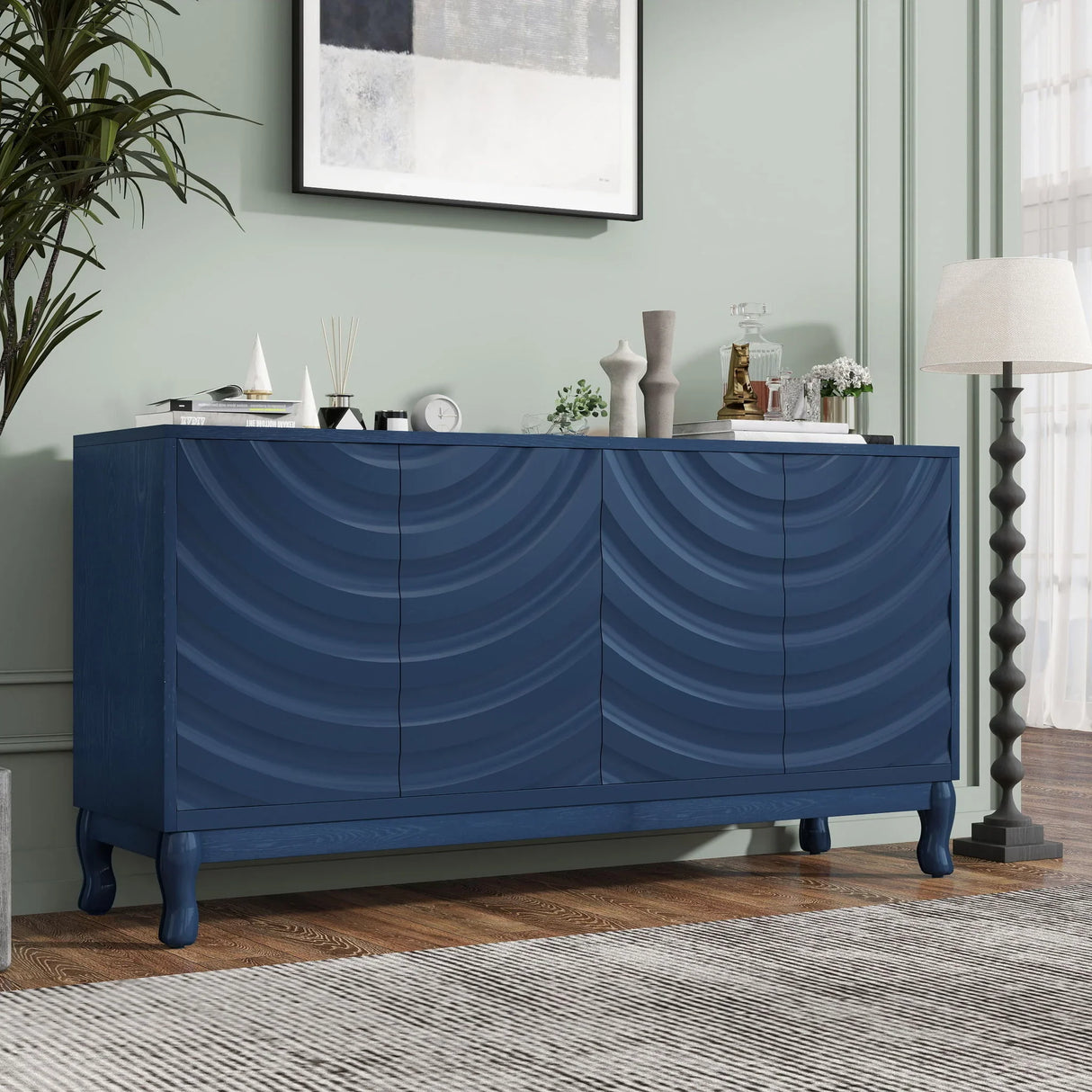 Elegant Sideboard With Sophisticated Wavy Pattern Doors And Arched Groove Design, Adjustable 4 Door Layout - Furniture Home Direct