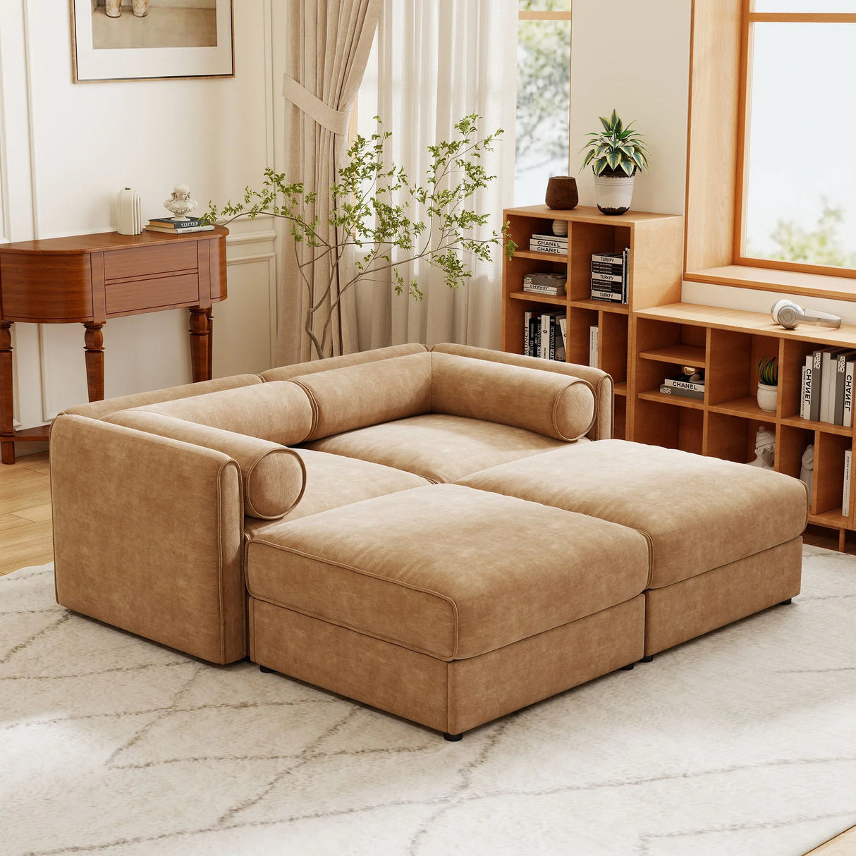Contemporary Elegant White Chenille Sofa With Storage And Ottoman - Furniture Home Direct