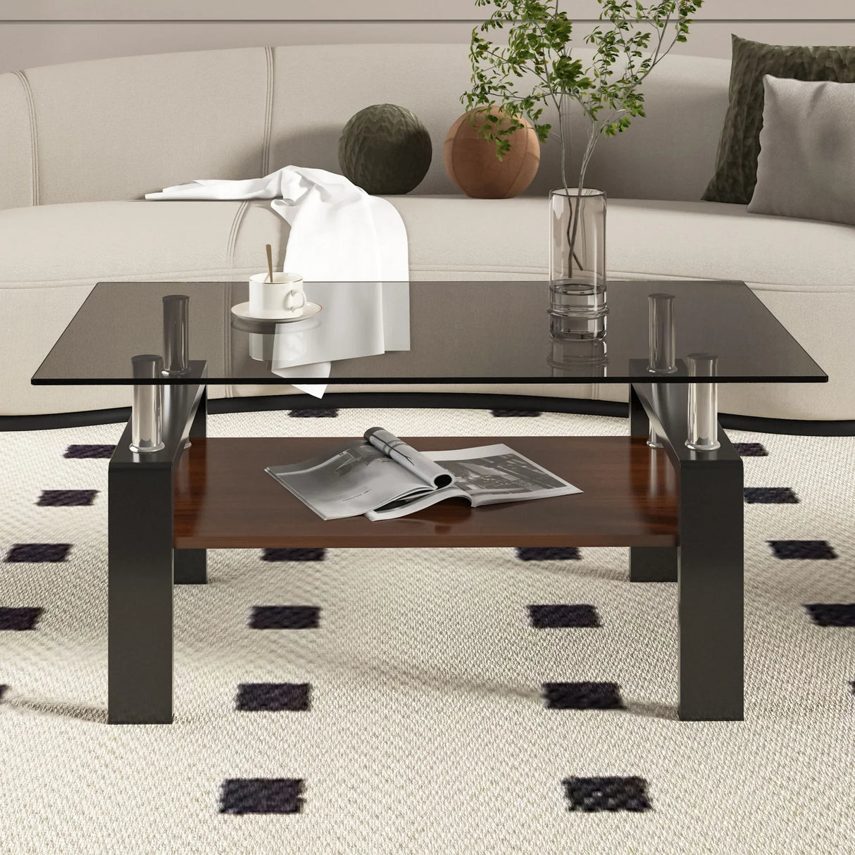 Modern Rectangular Coffee Table With Tempered Transparent Glass Top And Storage Shelf - Furniture Home Direct