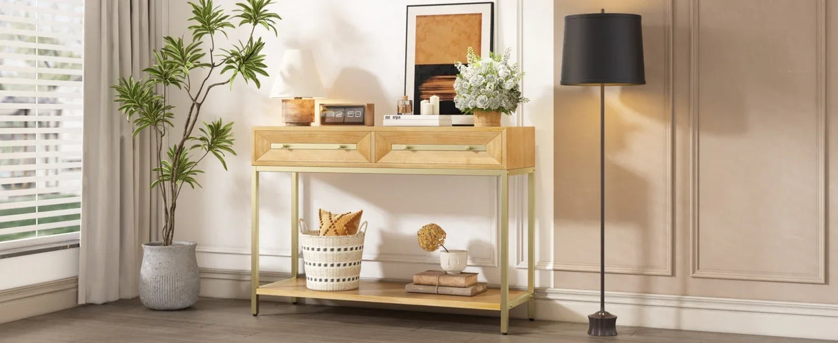 Console Table With Two Drawers Geometric Design Natural - Furniture Home Direct