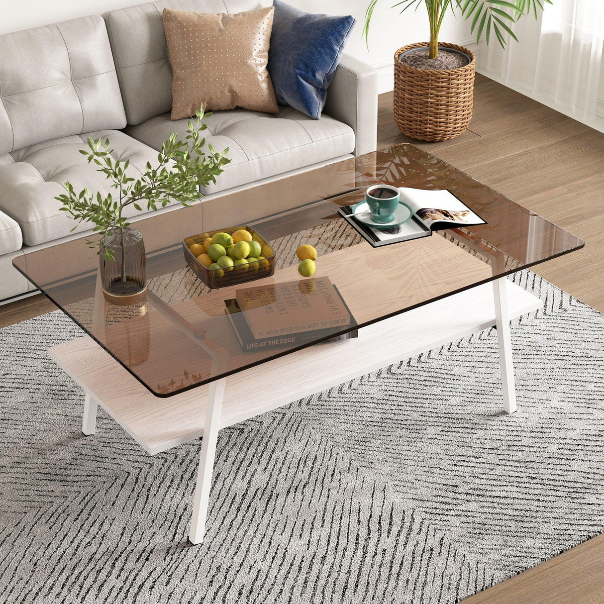 Rectangle Coffee Table, Tempered Glass Tabletop Modern Table For Living Room - Furniture Home Direct