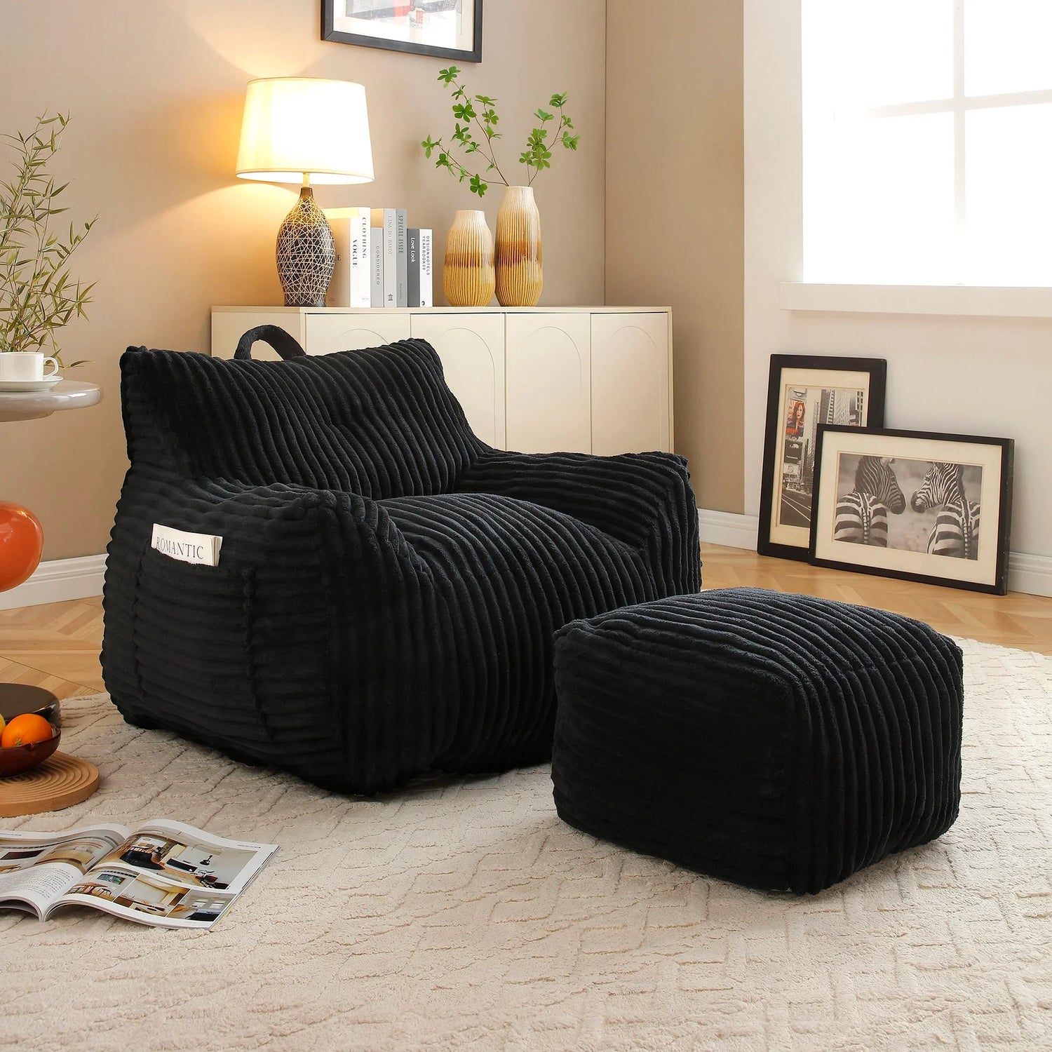 Giant Plush Bean Bag Chair With Armrests And Footstool - Furniture Home Direct