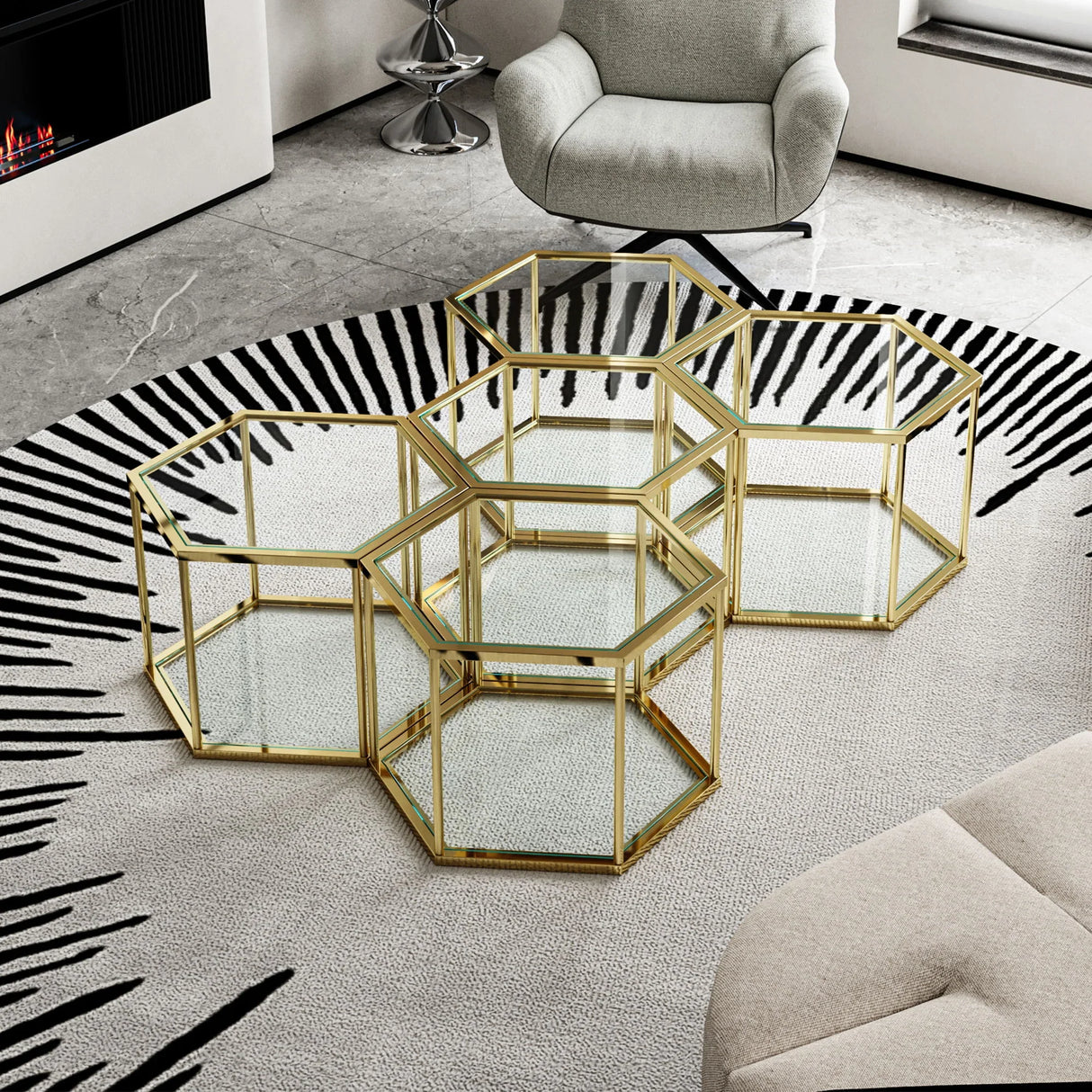 Modern Coffee Table With Double Layer Tempered Glass And Polygonal Design - Furniture Home Direct