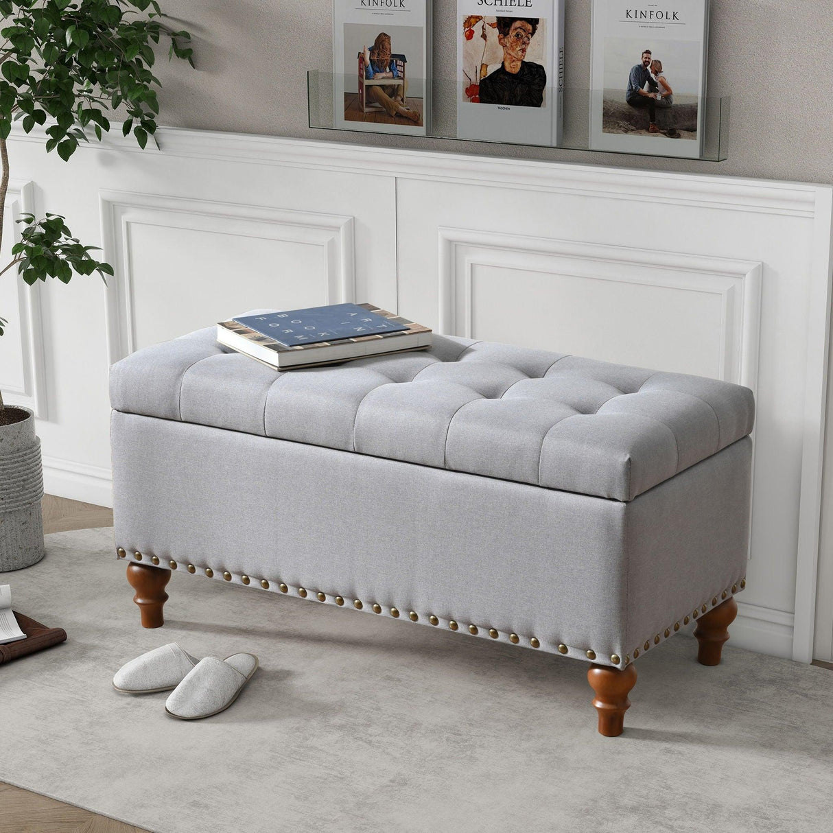 Upholstered Ottoman With Storage And Rivet Trim - Furniture Home Direct
