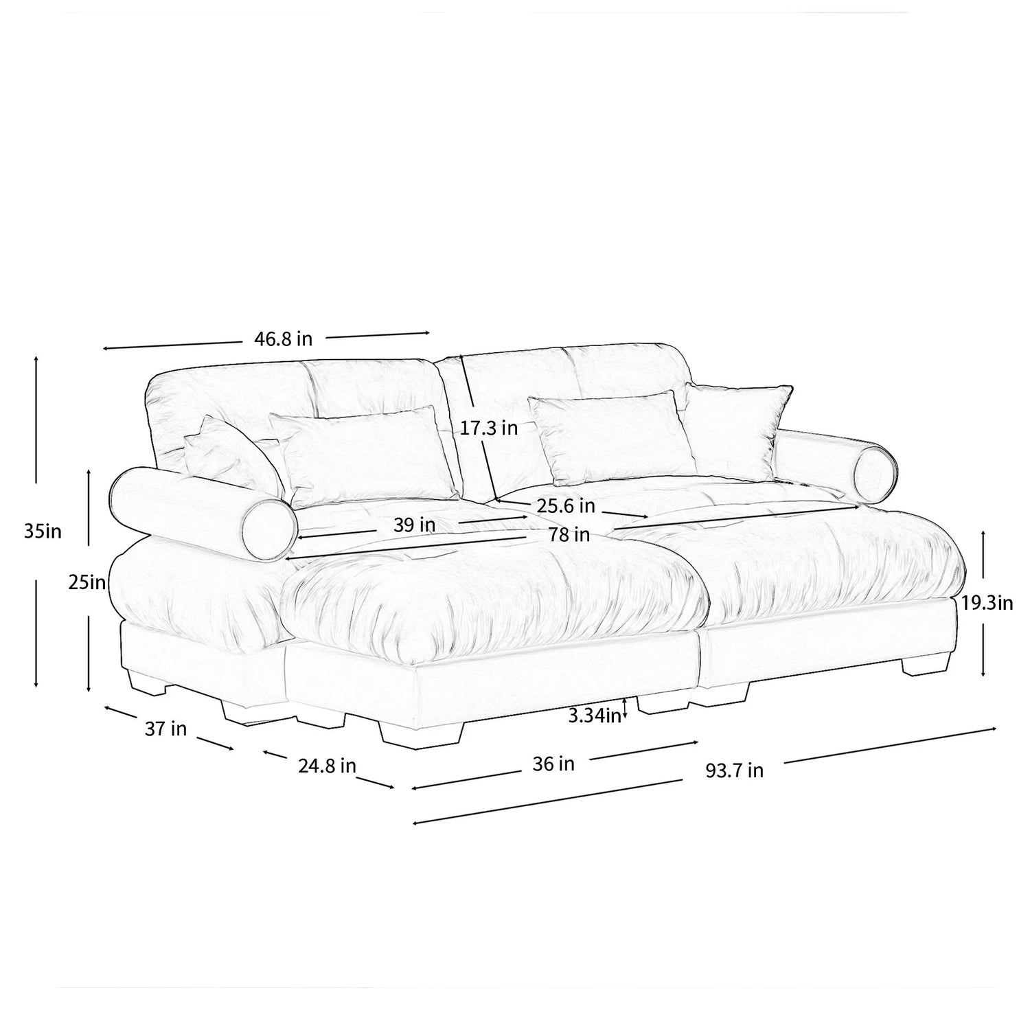 Modern Sectional Sofa With Ottoman, Round Bolster Armrests, Waist And Throw Pillows - Furniture Home Direct