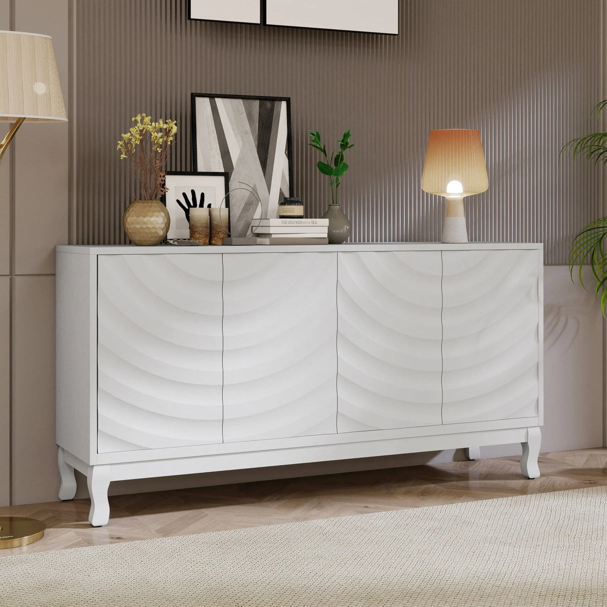 Elegant Sideboard With Sophisticated Wavy Pattern Doors And Arched Groove Design, Adjustable 4 Door Layout - Furniture Home Direct