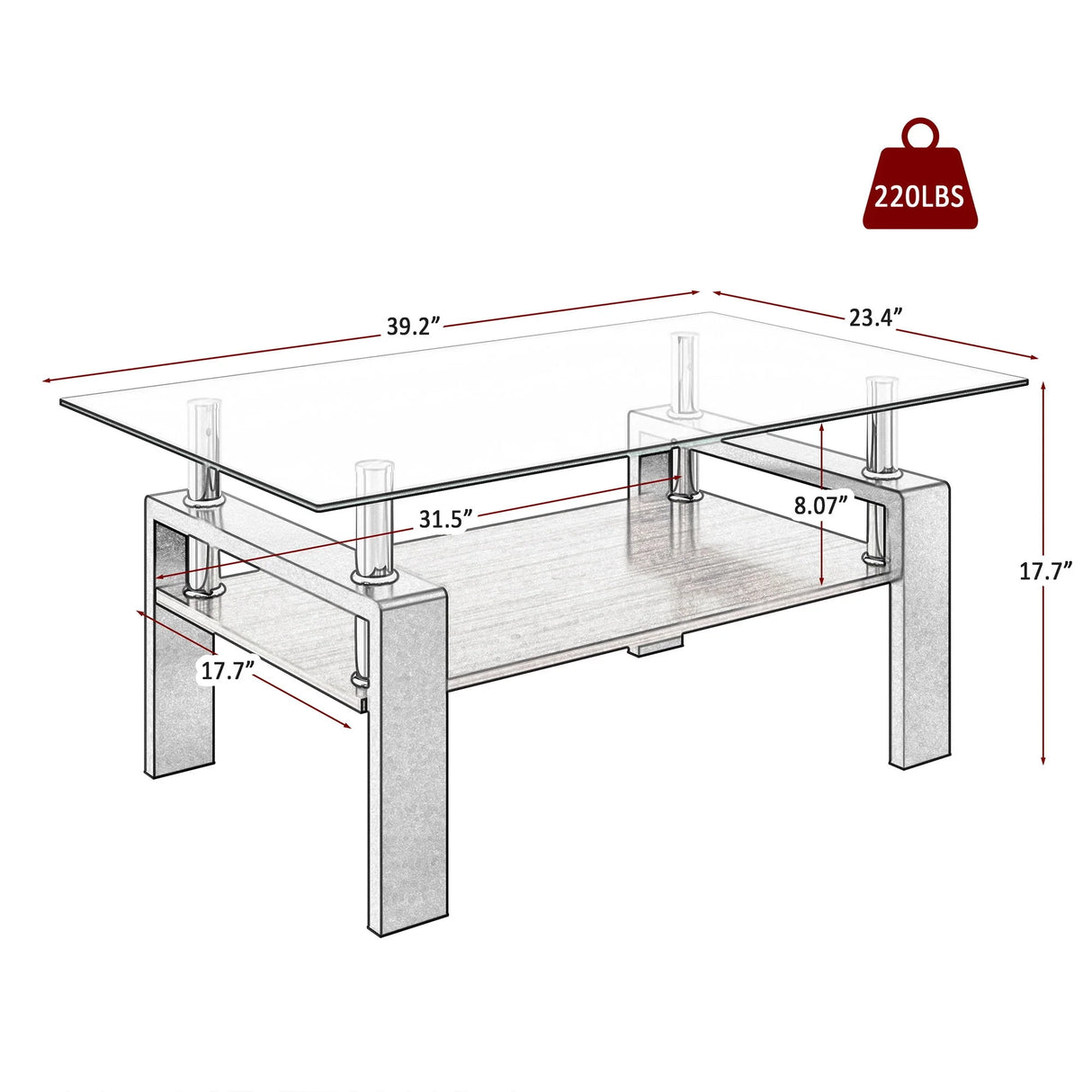 Modern Rectangular Coffee Table With Tempered Glass Top Layer, Table For Living Room - Transparent - Furniture Home Direct