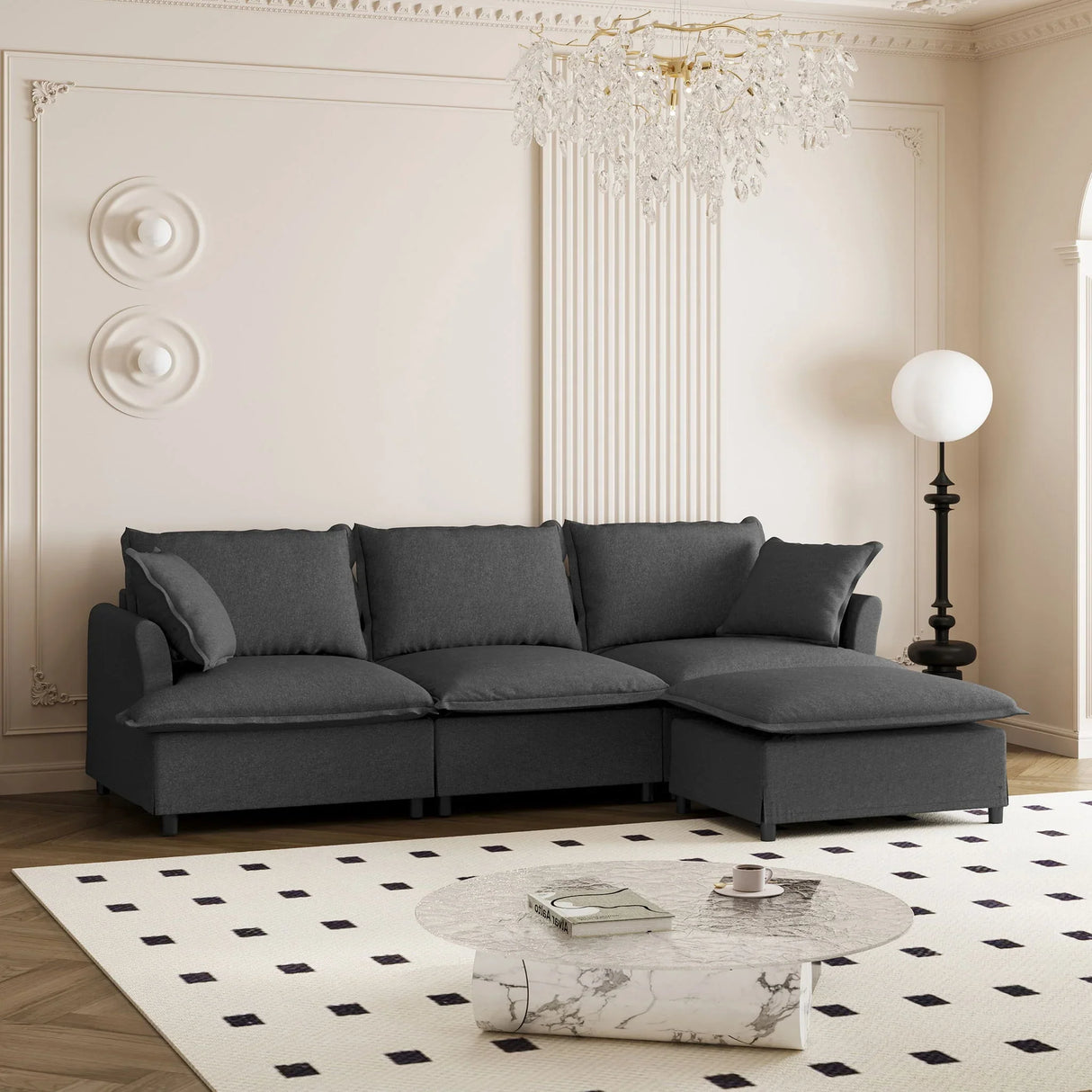 Sectional Sofa With Ottoman Cloud Couch Set With Throw Pillows, Free Combination - Furniture Home Direct