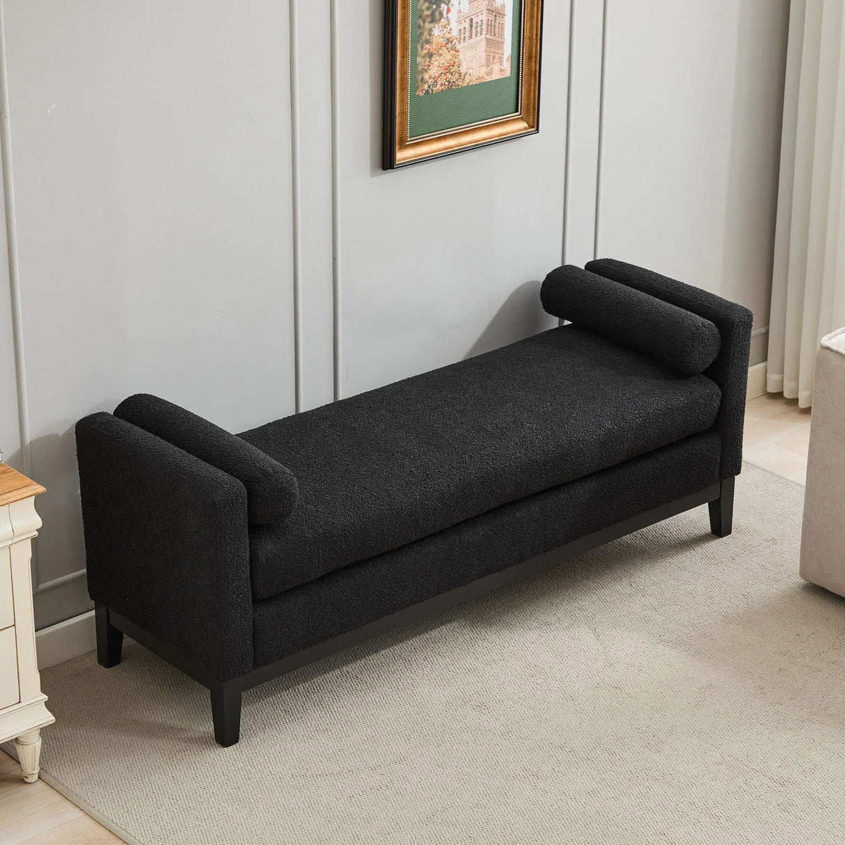 Elegant Upholstered Bench, Daybed, Ottoman With Wood Legs & 2 Bolster Pillows - Black Boucle - Furniture Home Direct