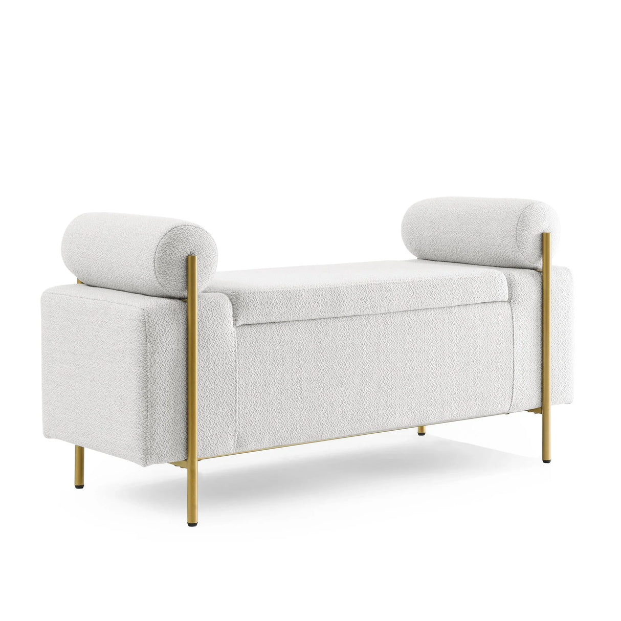 Elegant Upholstered Linen Storage Bench With Cylindrical Arms And Iron Legs, White - Furniture Home Direct