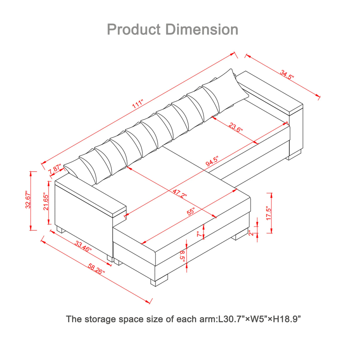 111 Inch Luxury Sectional With Convertible Chaise Grey - Furniture Home Direct