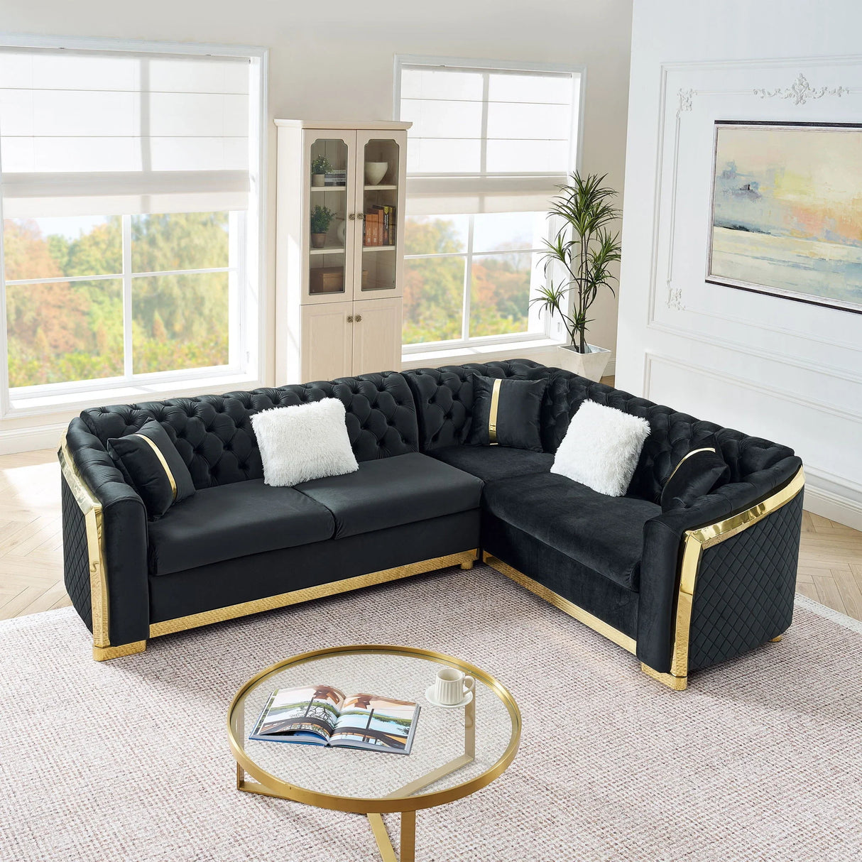 L Shaped Chesterfield Sectional Sofa With Stainless Steel Accents - Furniture Home Direct