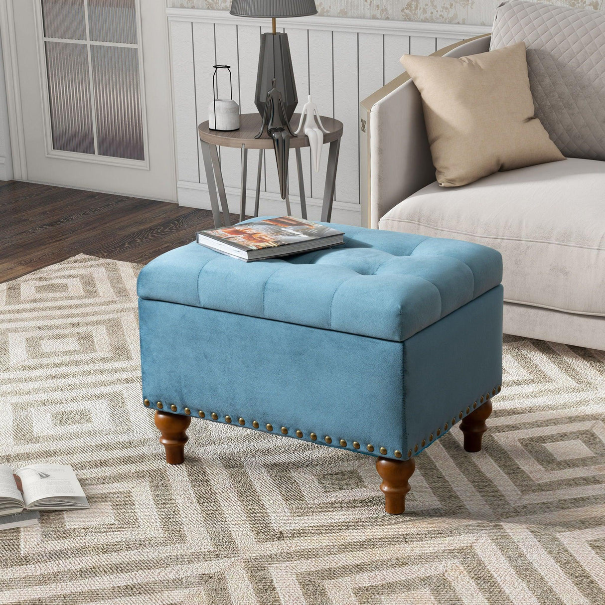 Upholstered Ottoman With Storage And Rivet Trim - Furniture Home Direct