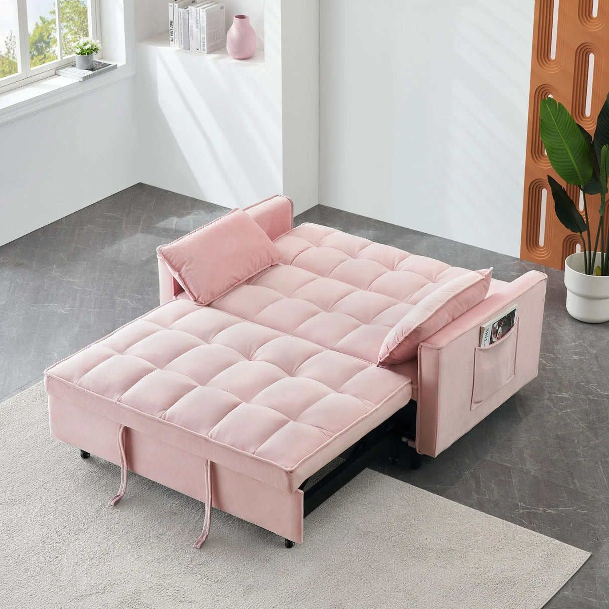 Modern Velvet Sofa, Sofa Pull-Out Bed, Small Love Seat Casual Sofa With Back, With Pillow, Pockets, Living Room Furniture, 3 In 1 Convertible Sleep Sofa Bed - Furniture Home Direct