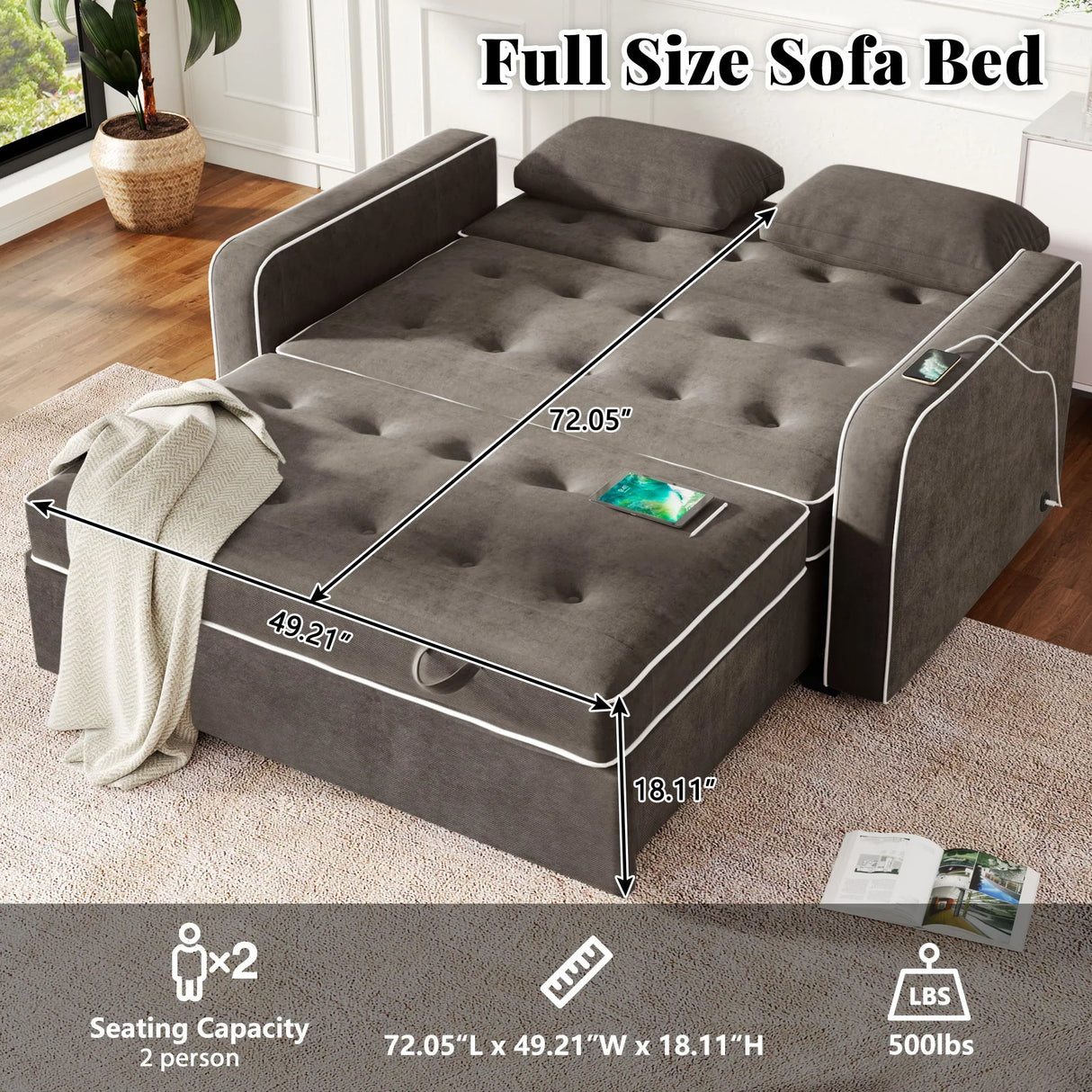 Upholstered Sleeper Bed Sofa With Dual USB Charging, Adjustable Backrest - Furniture Home Direct