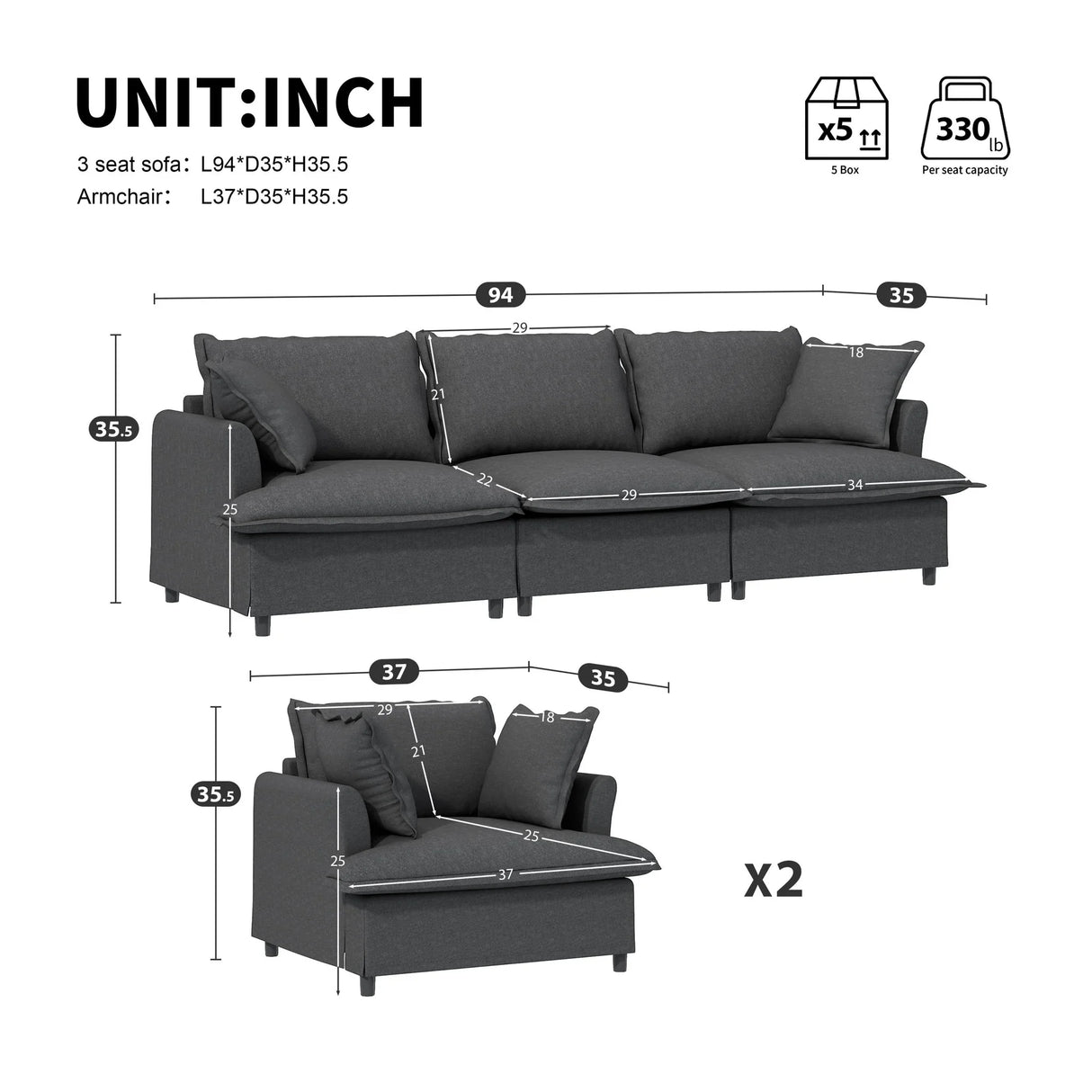 Living Room Set Modular Sectional Couch, Upholstered Sofa & Armchair & Movable Ottoman - Furniture Home Direct
