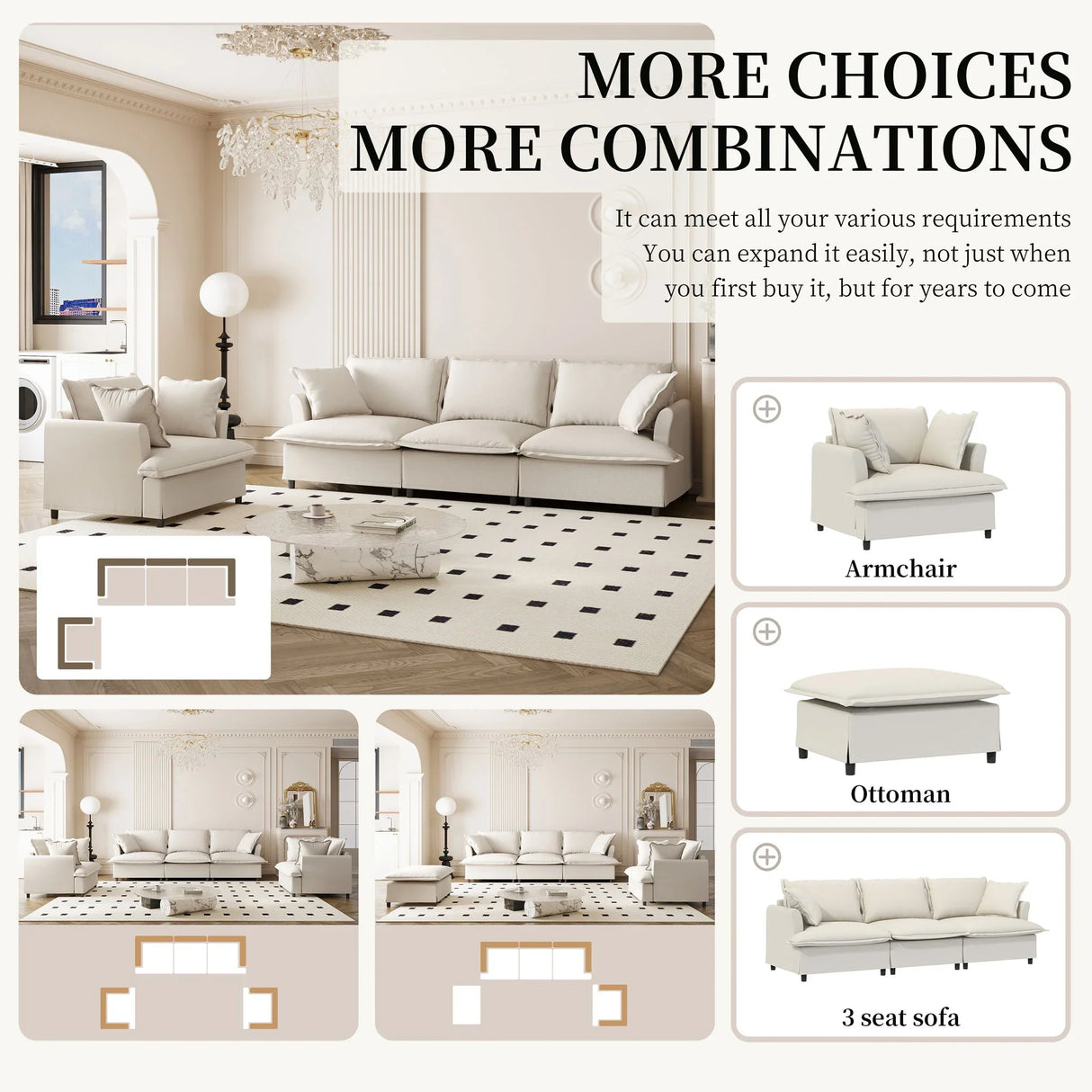 Living Room Set Modular Sectional Couch, Upholstered Sofa & Armchair & Movable Ottoman - Furniture Home Direct
