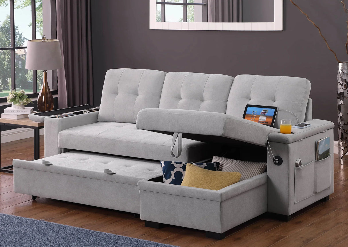 Ashlyn II - 84"W Woven Fabric Reversible Sleeper Sectional Sofa with Storage Chaise - Furniture Home Direct