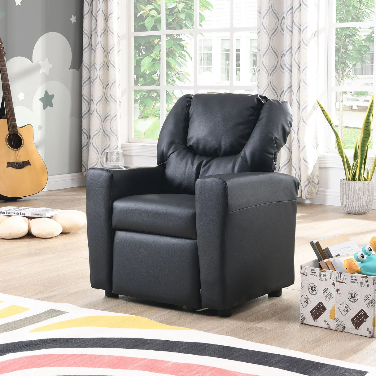 Sally Deluxe Kids Recliner Chair With Cup Holder - Black - Furniture Home Direct