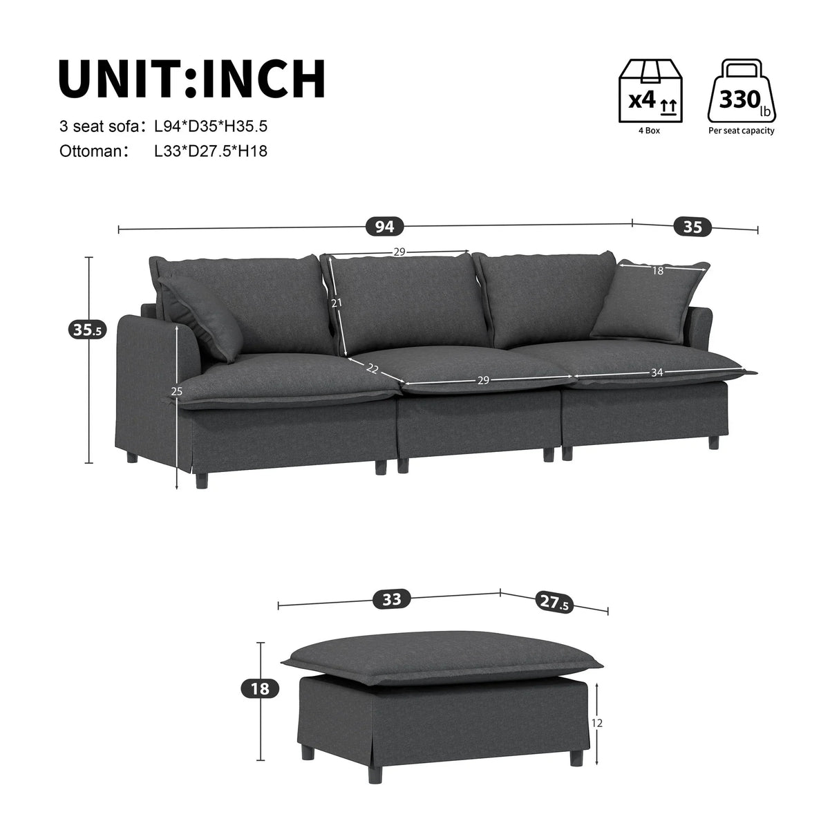 Sectional Sofa With Ottoman Cloud Couch Set With Throw Pillows, Free Combination - Furniture Home Direct