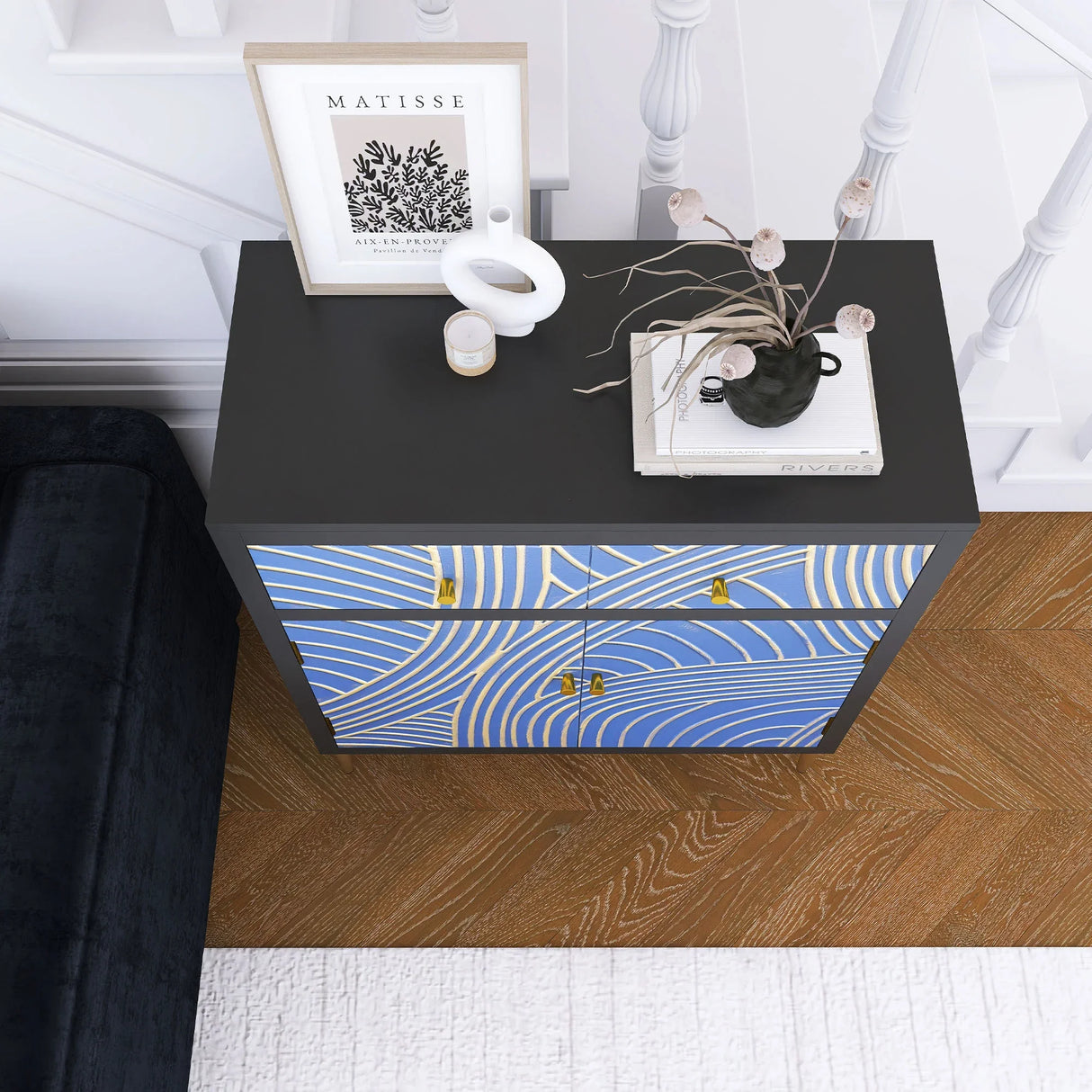 Accent Cabinet With Blue Panels Lacquered Black and Blue - Furniture Home Direct