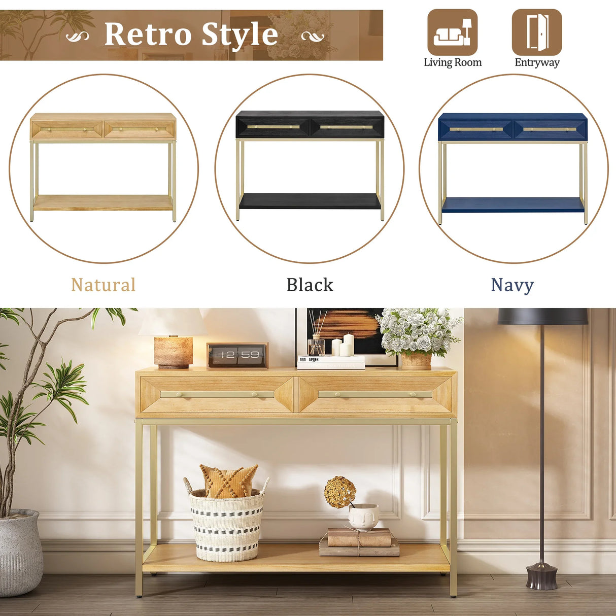 Console Table With Two Drawers Geometric Design Natural - Furniture Home Direct