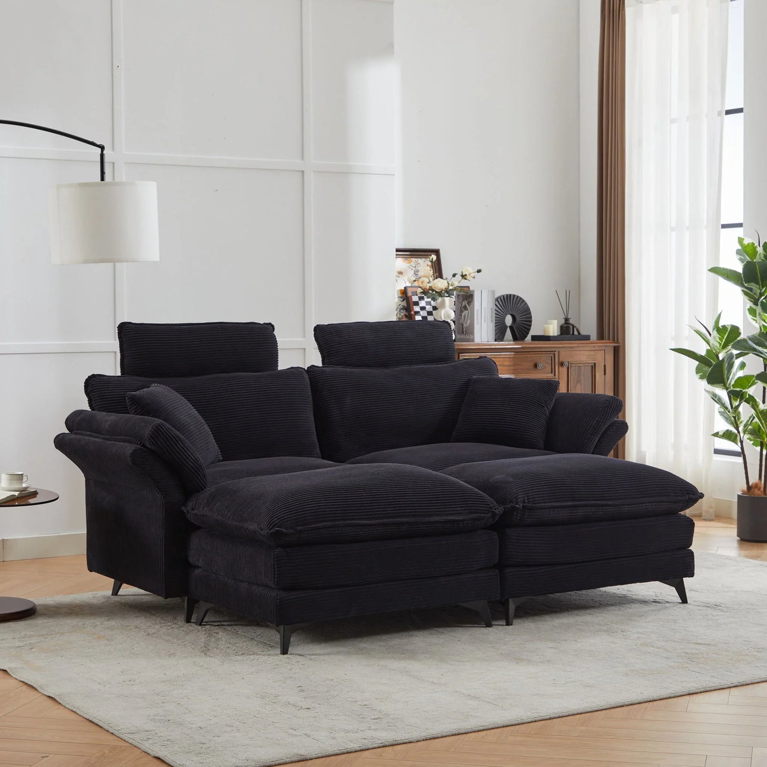 Modern Corduroy Deep Seat Sectional Sofa With Ottoman - Furniture Home Direct