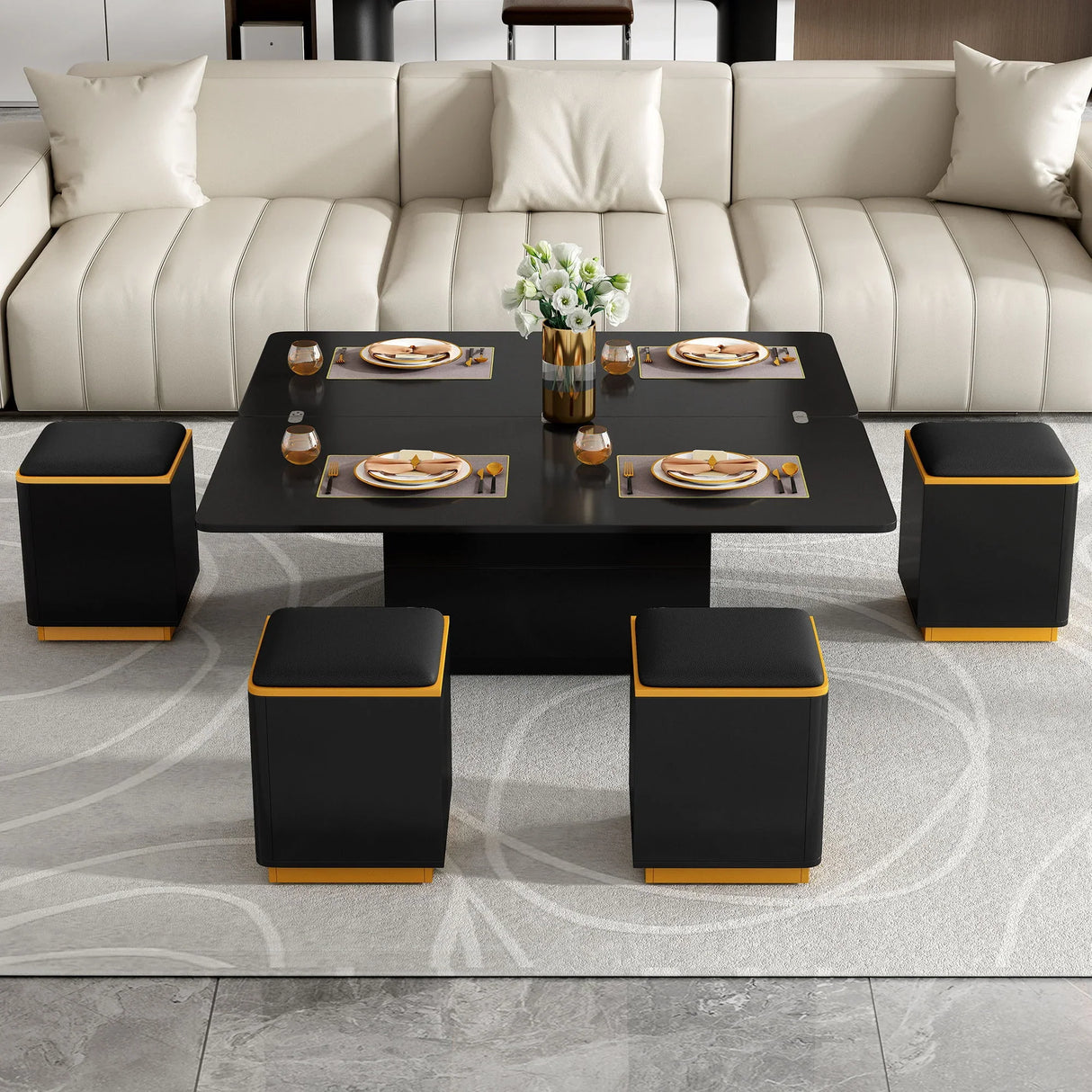Multi Functional Adjustable Coffee Table With 4 Storage Stools - Furniture Home Direct