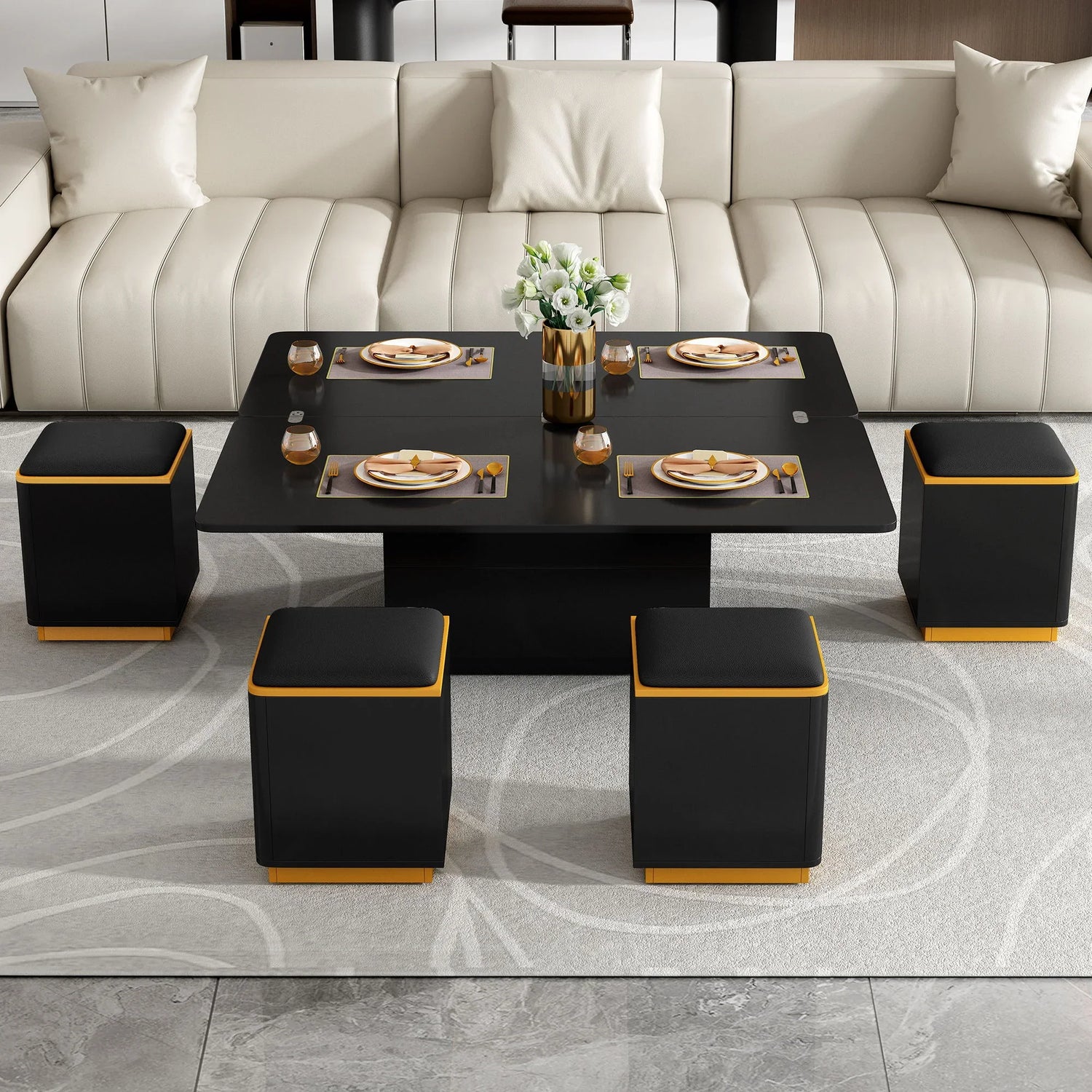 Multi Functional Adjustable Coffee Table With 4 Storage Stools - Furniture Home Direct