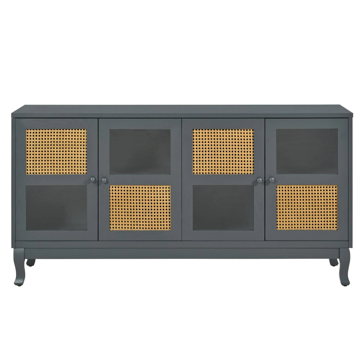 Retro Industrial 4 Door Sideboard With Large Storage, Rattan And Glass Doors - Furniture Home Direct