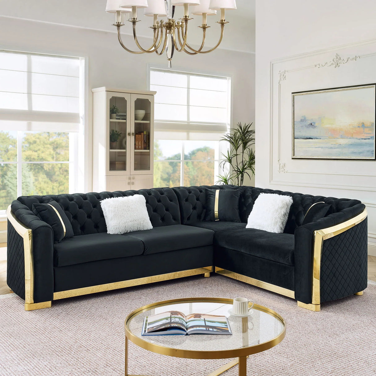 L Shaped Chesterfield Sectional Sofa With Stainless Steel Accents - Furniture Home Direct