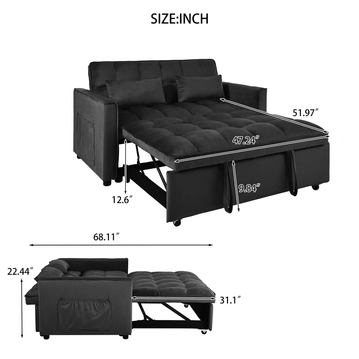 3 In 1 Pull Out Couch Convertible Sofa Bed With Reclining Backrest - Furniture Home Direct