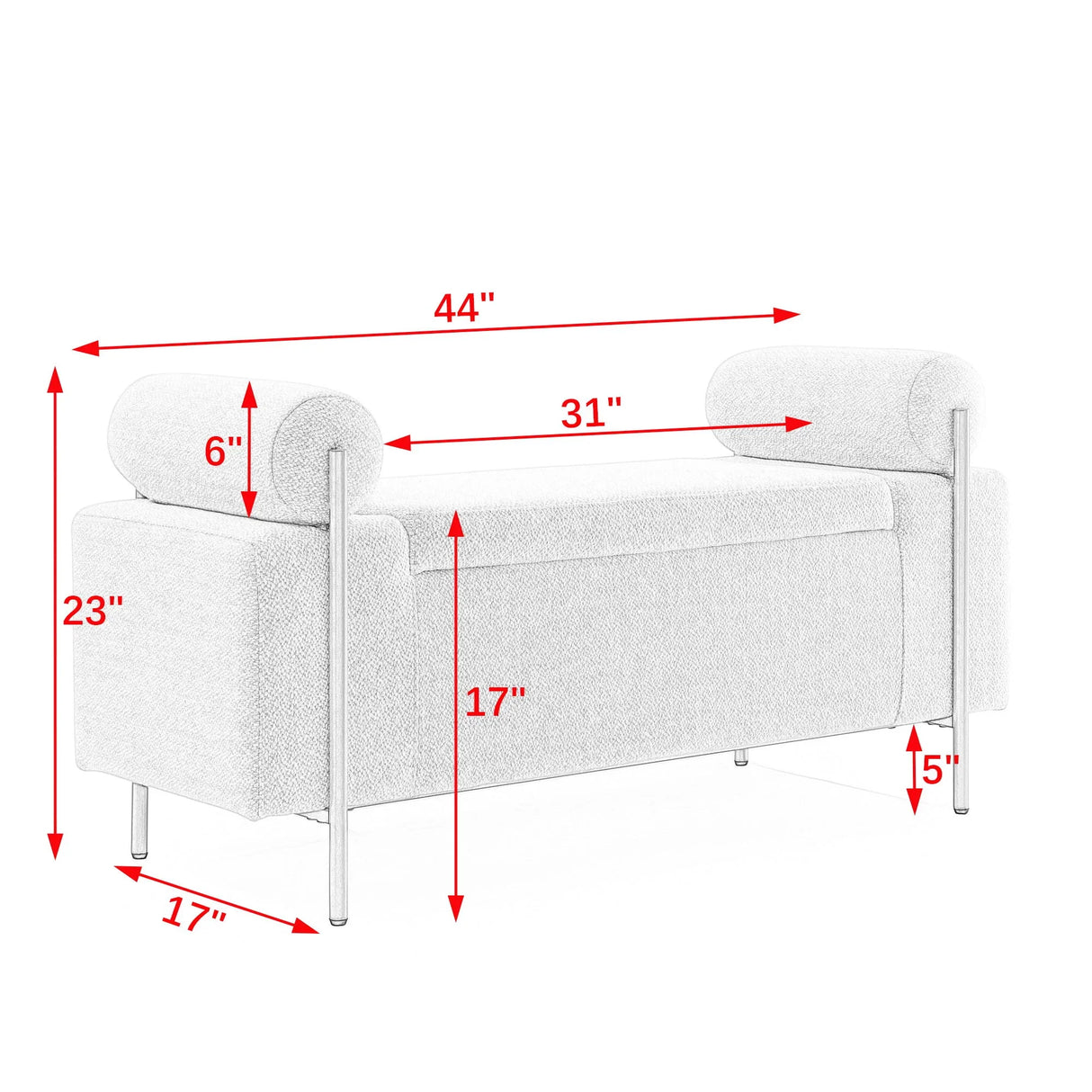 Elegant Upholstered Linen Storage Bench With Cylindrical Arms And Iron Legs, White - Furniture Home Direct