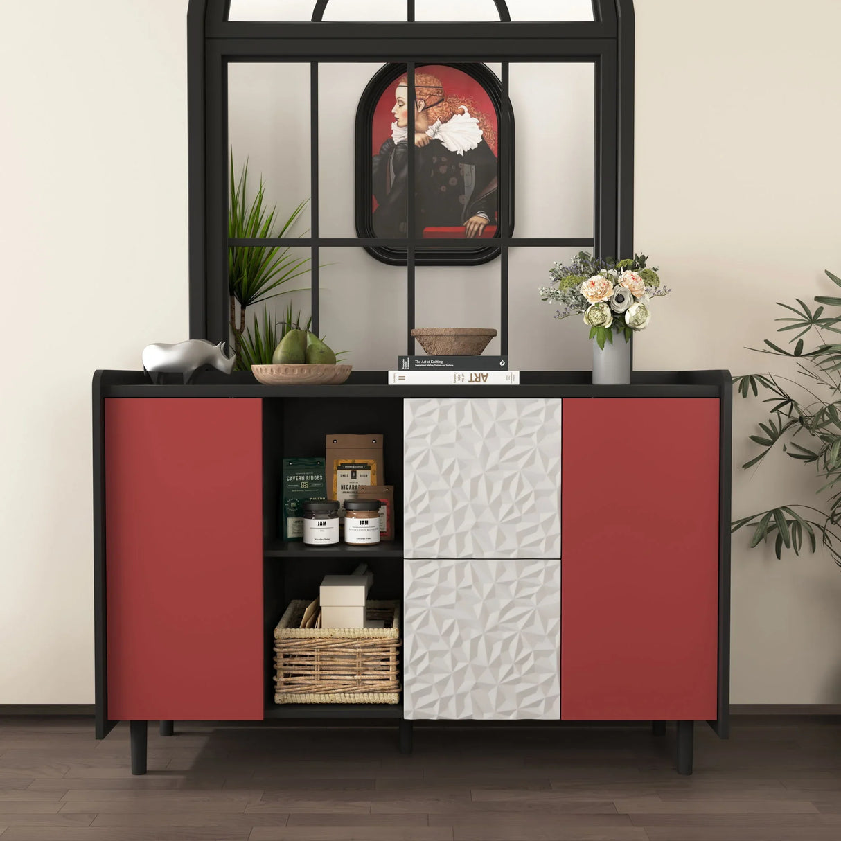 Modern Sideboard Buffet Cabinet With Red Doors And Unique Panel Styling - Furniture Home Direct