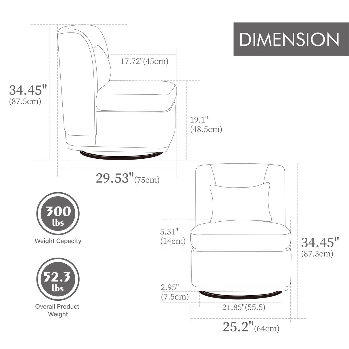 Wide Modern Chenille Cushioned Armless Metal Base 360° Swivel Chair With Pillow - Furniture Home Direct