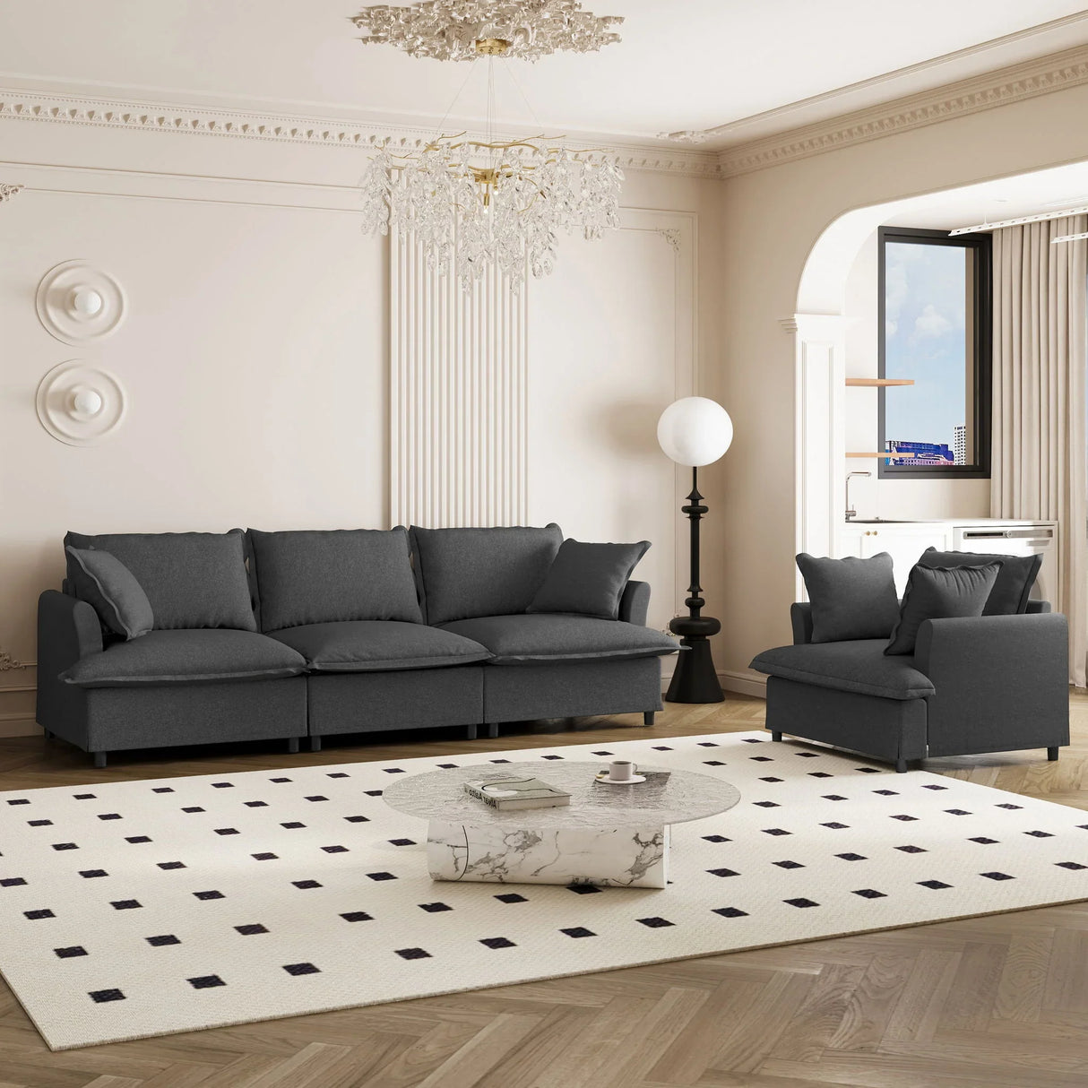 Living Room Set Modular Sectional Couch, Upholstered Sofa & Armchair & Movable Ottoman - Furniture Home Direct