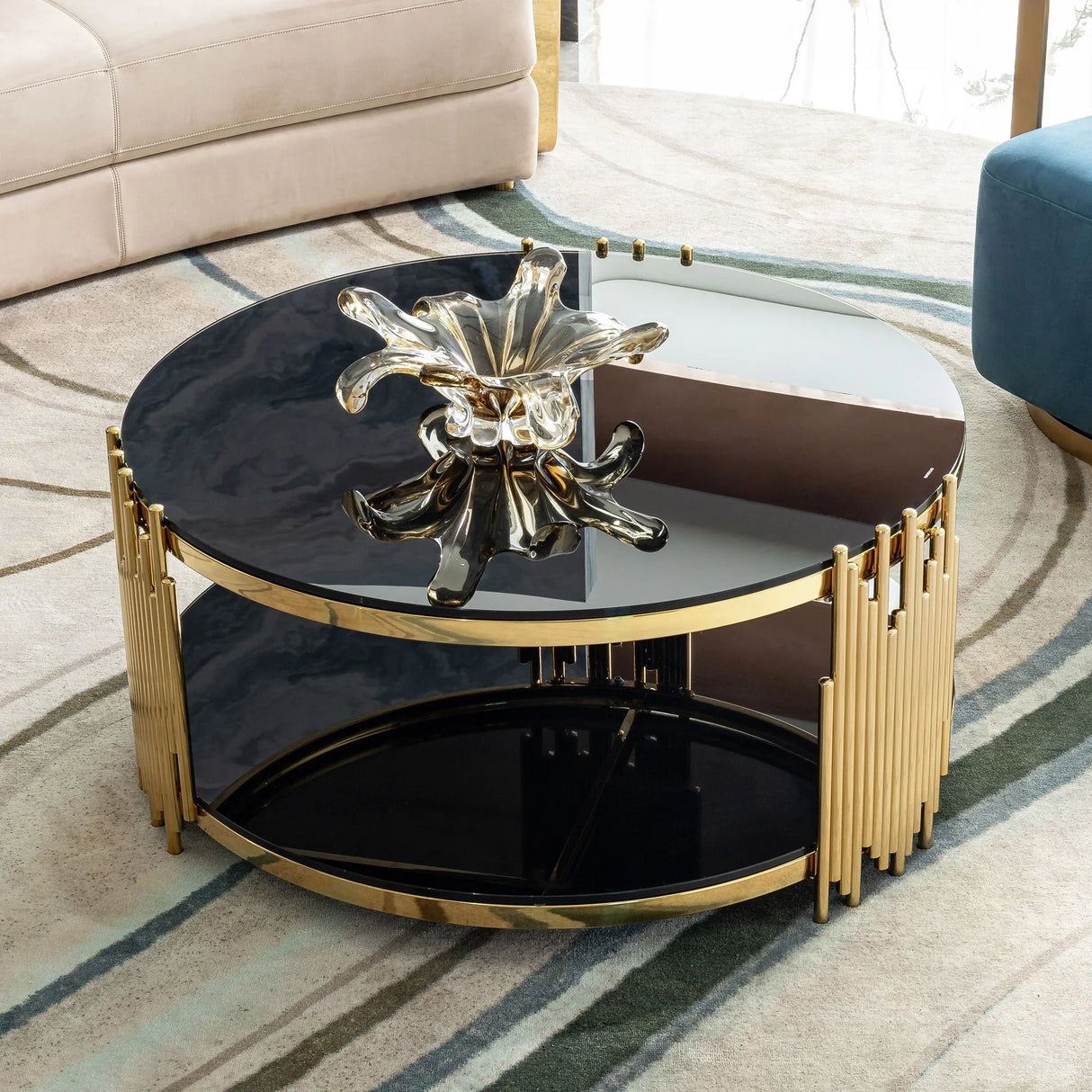 Elegant Round Table With Double Layer Tempered Glass Top And Stainless Steel Frame For Living Room - Furniture Home Direct