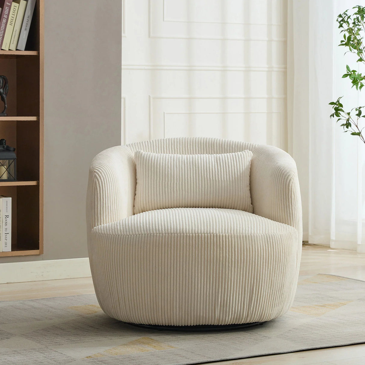 Wide Upholstered Corduroy 360° Swivel Barrel Soft Chair With Pillow - Furniture Home Direct