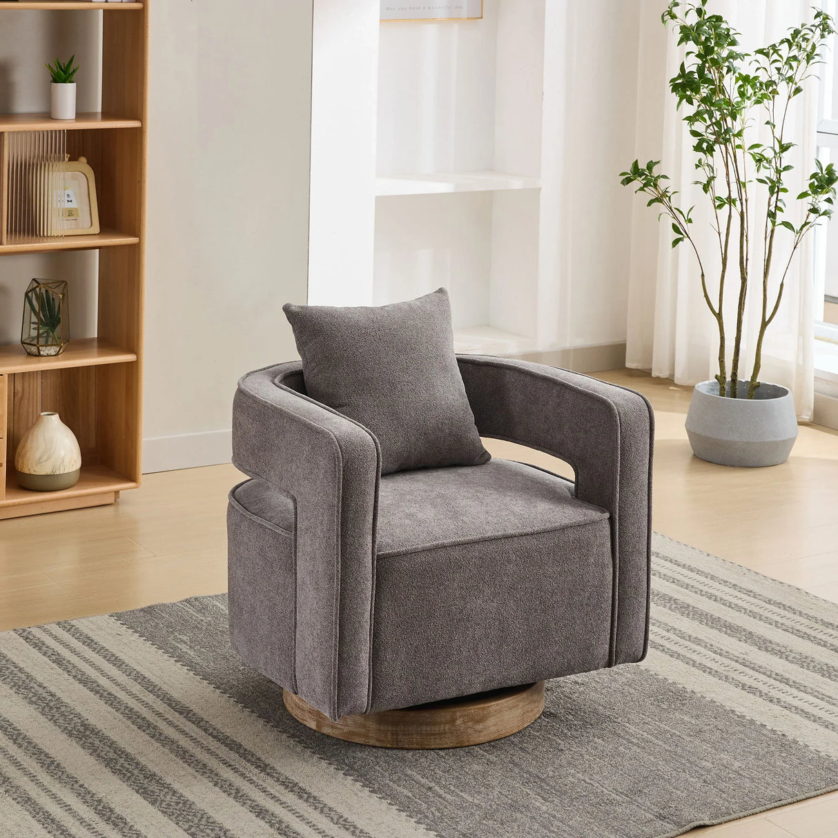 Swivel Accent Open Back Barrel Chair With Weathered Base - Furniture Home Direct