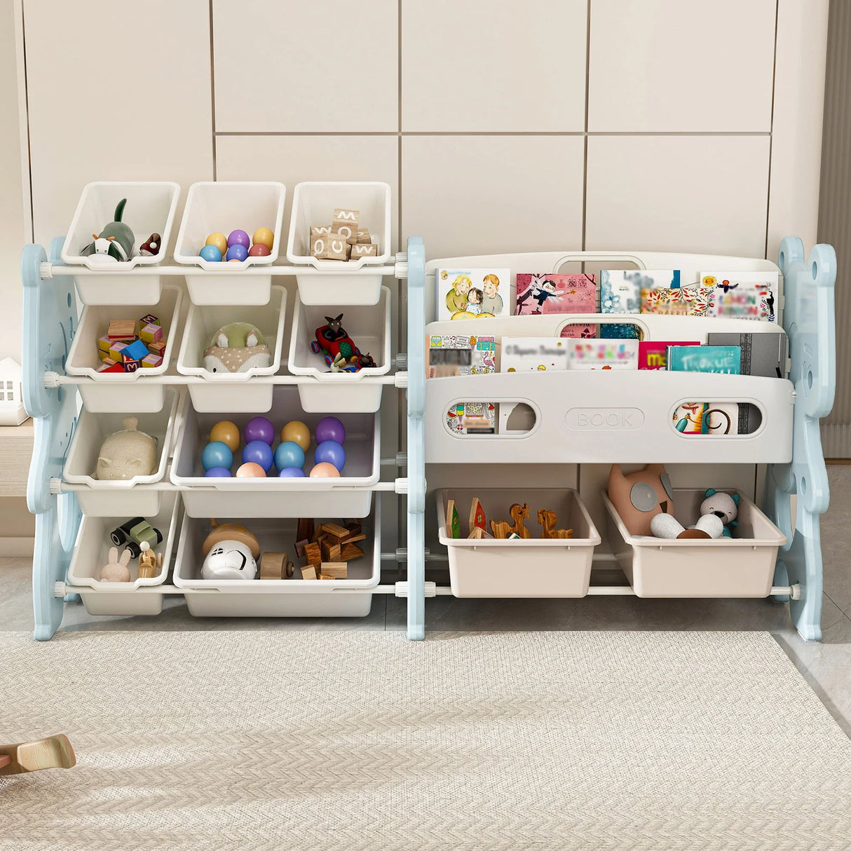 Kids Toy Storage Organizer With 2 Tier Bookshelf, Toy Storage With 12 Bins - Furniture Home Direct